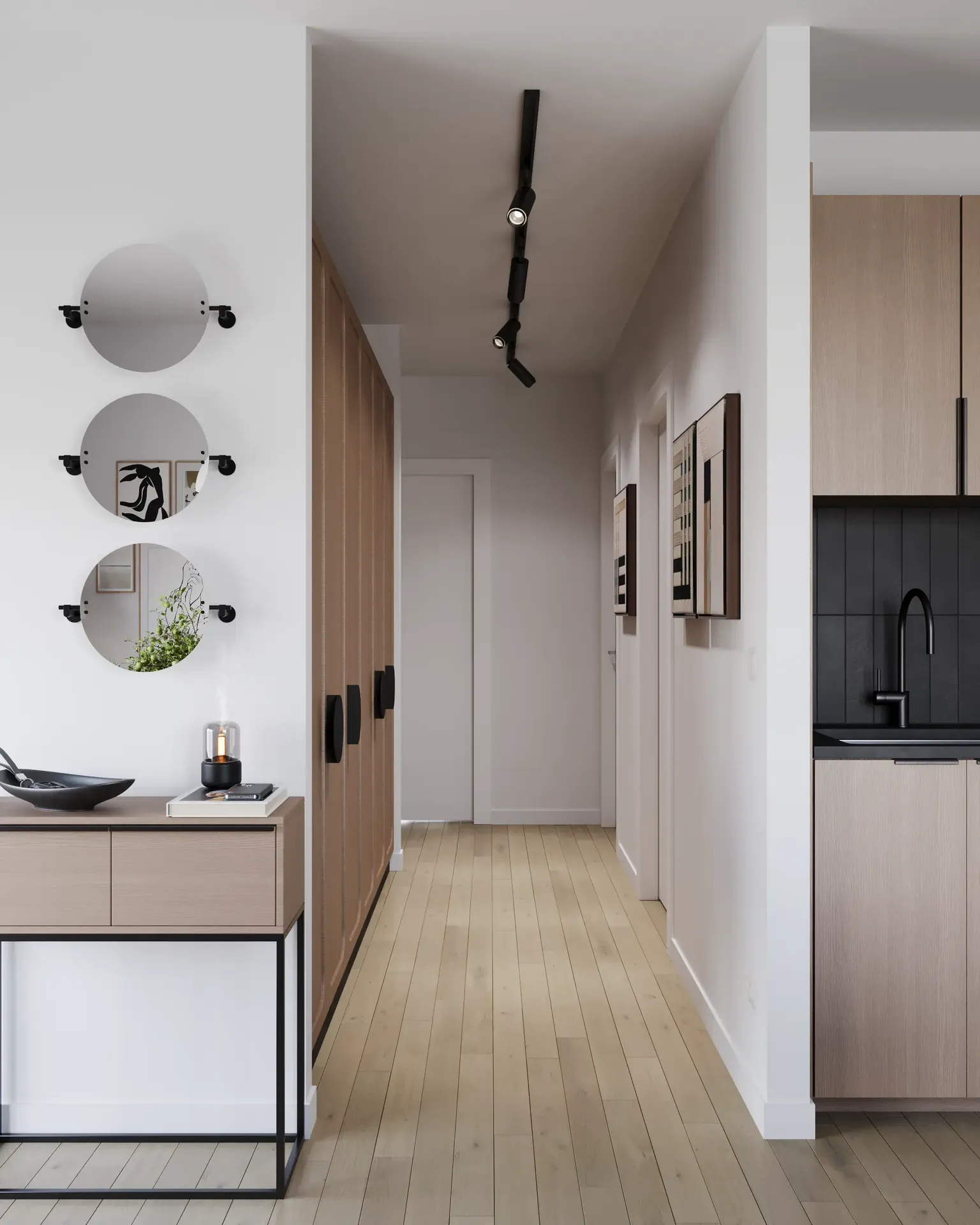 General hallway view with console, mirrors, and kitchen entrance.