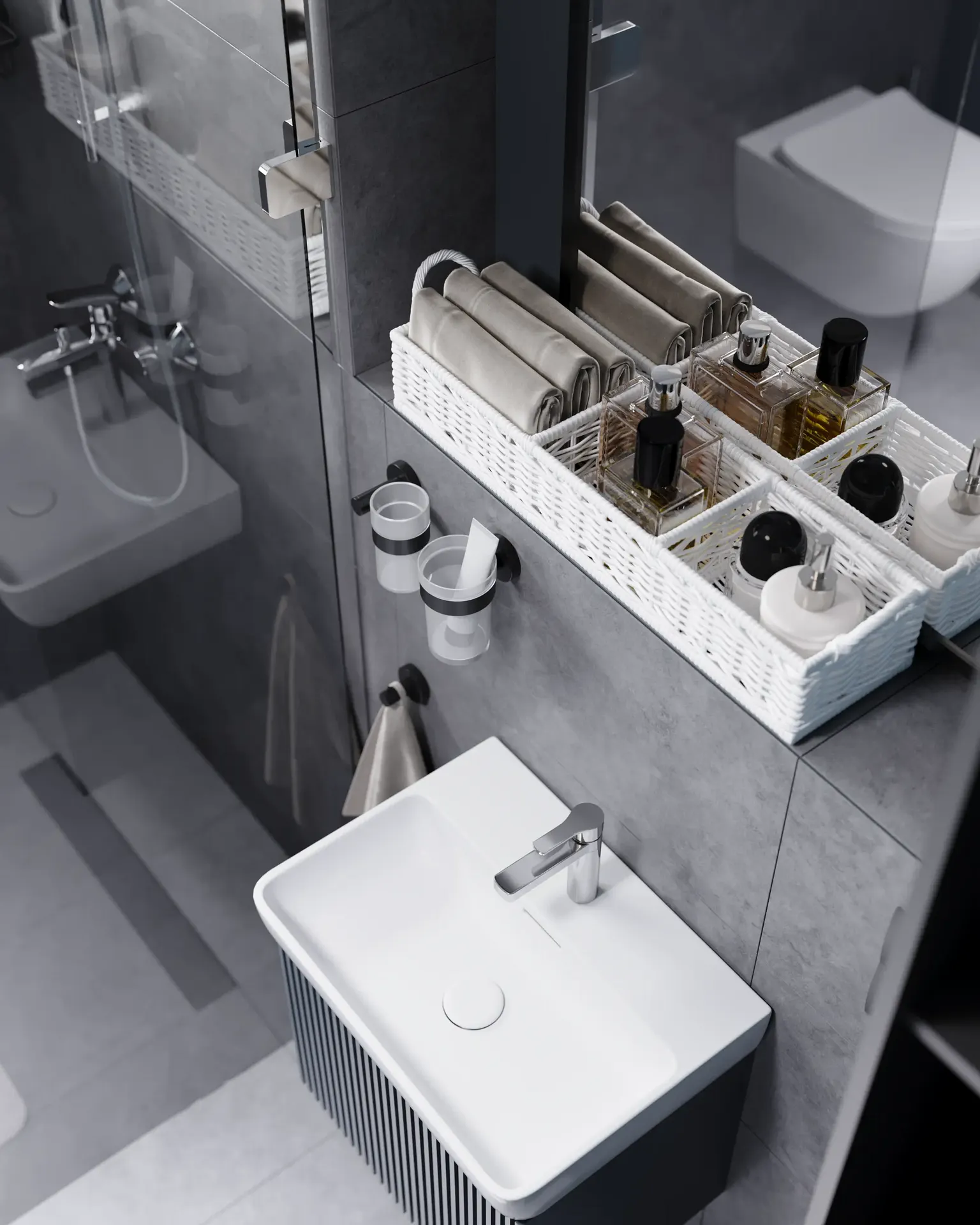 Top-down view of a sink and decorative items.