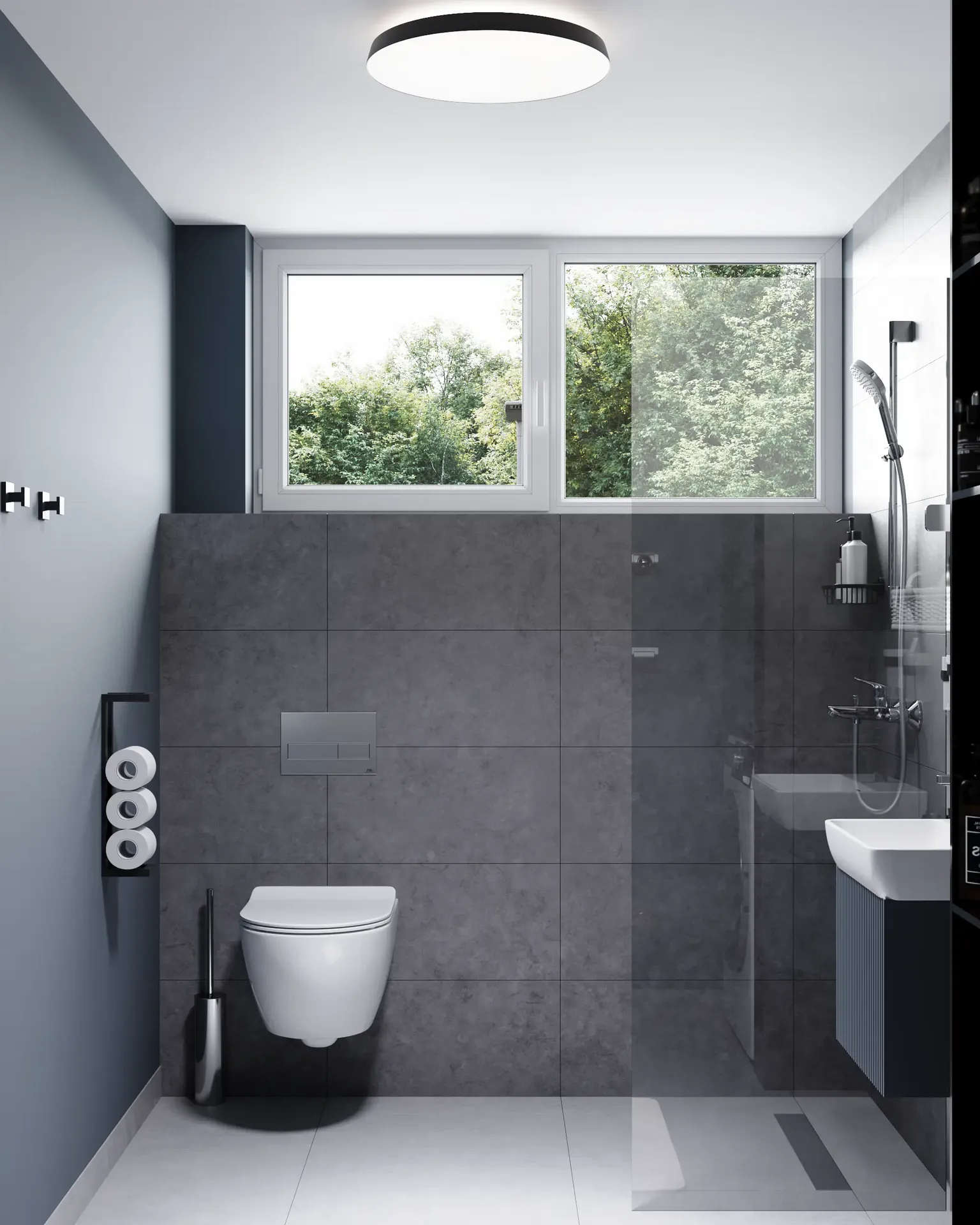 Front view of a toilet installation and shower area.