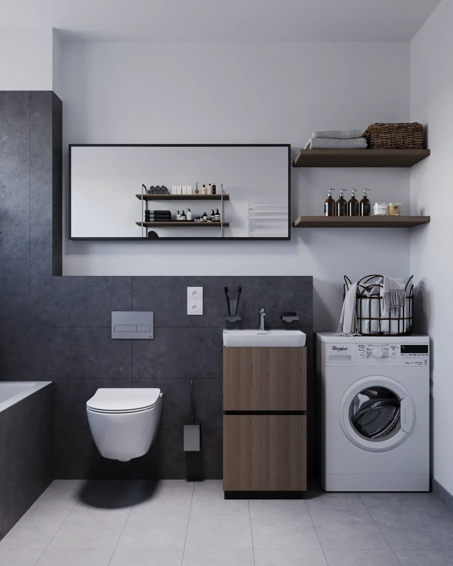 Front view of a sink, washing machine, storage, and toilet.