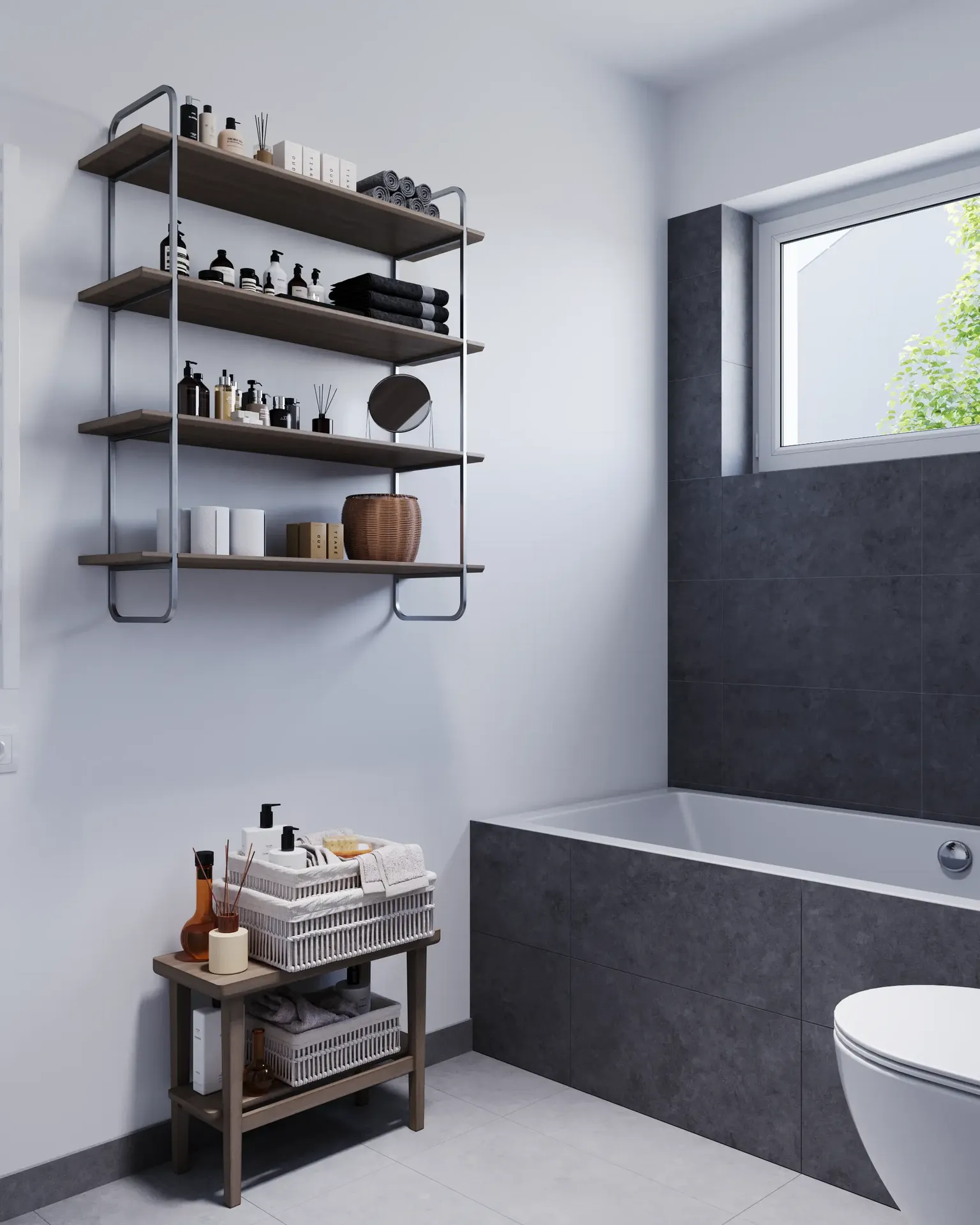 Angled bathroom storage with shelves and a cosmetic table.