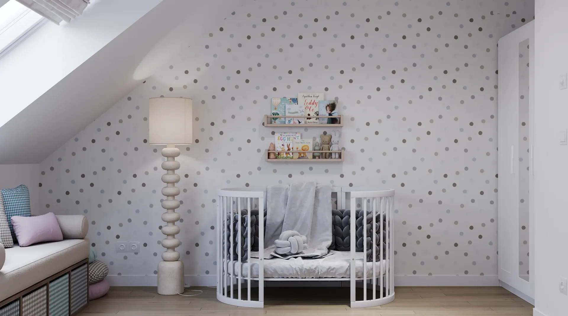 Front view of a crib and floor lamp.