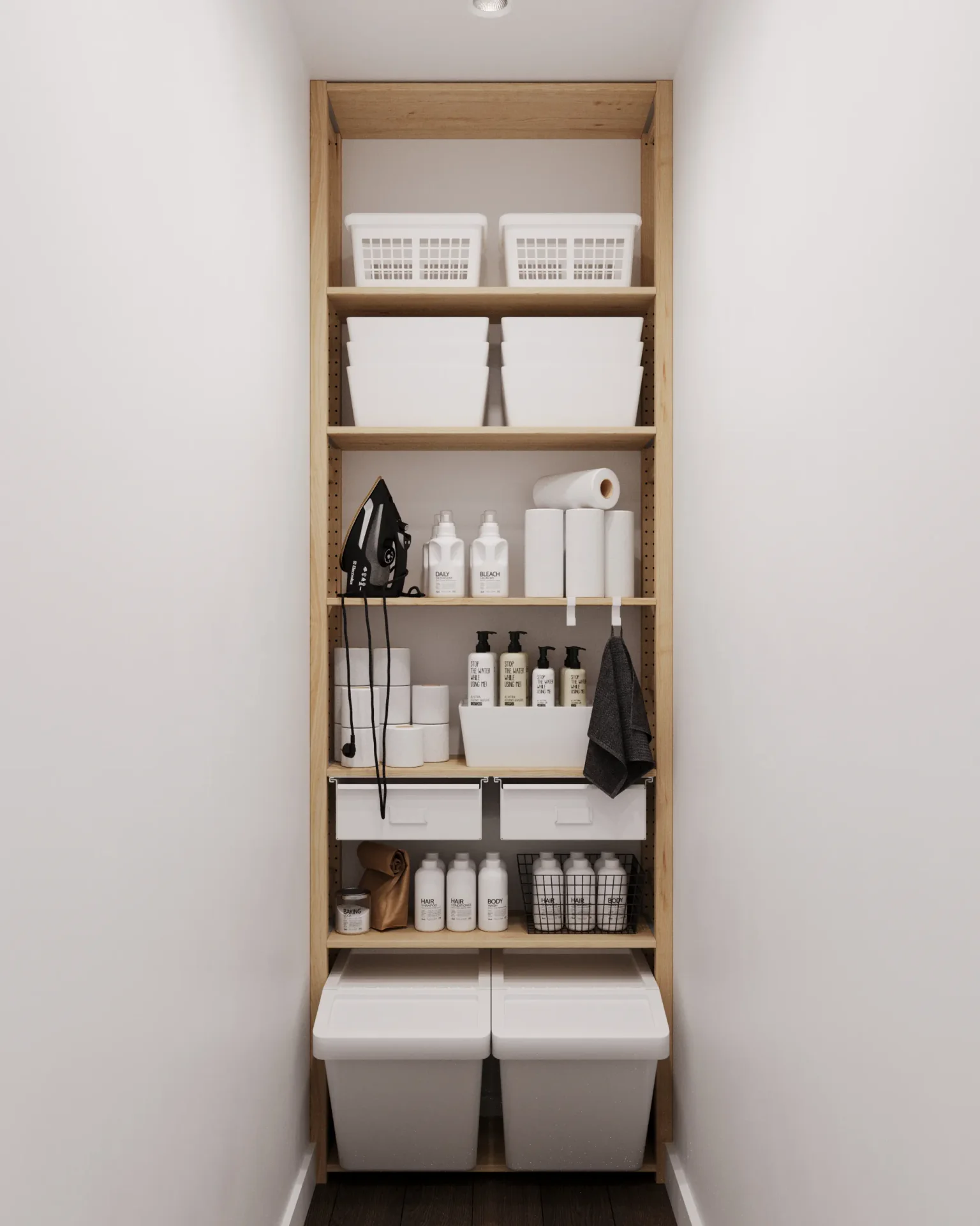 Storage organization showing shelving unit in pantry or closet