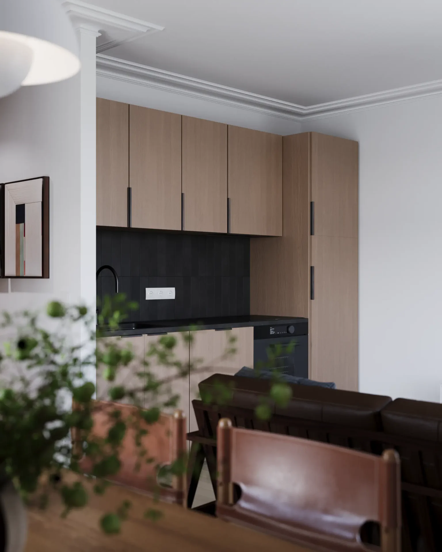 View from the dining table towards the kitchen cabinetry.