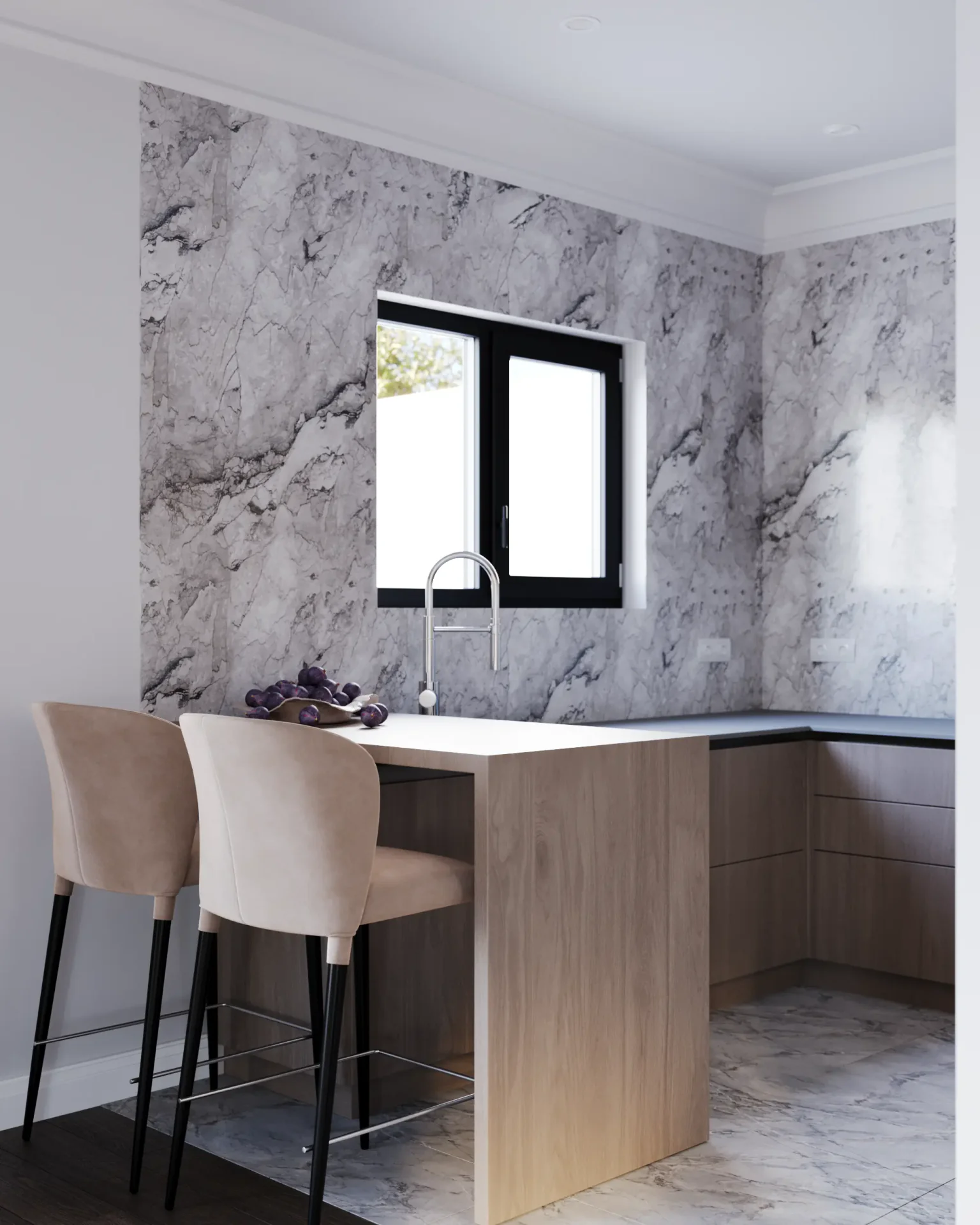 Angled view of kitchen breakfast bar design