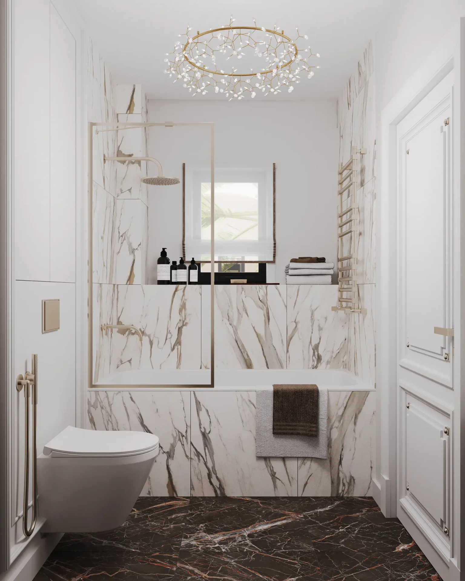Bright bathroom with window-side bathtub and toilet