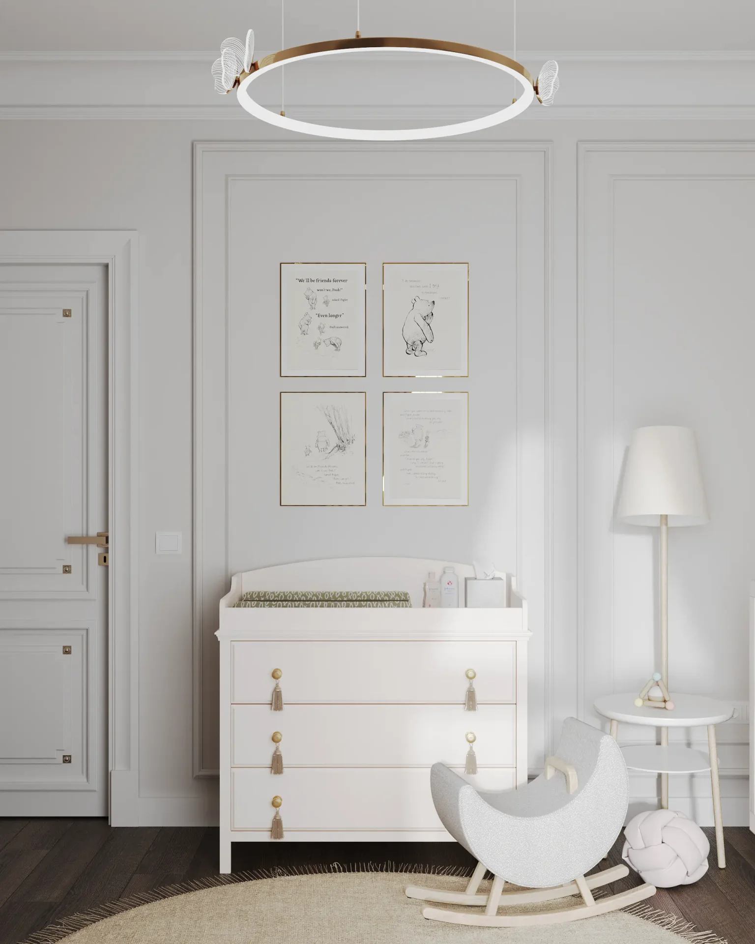 Nursery entrance view showing dresser and cozy corner lighting