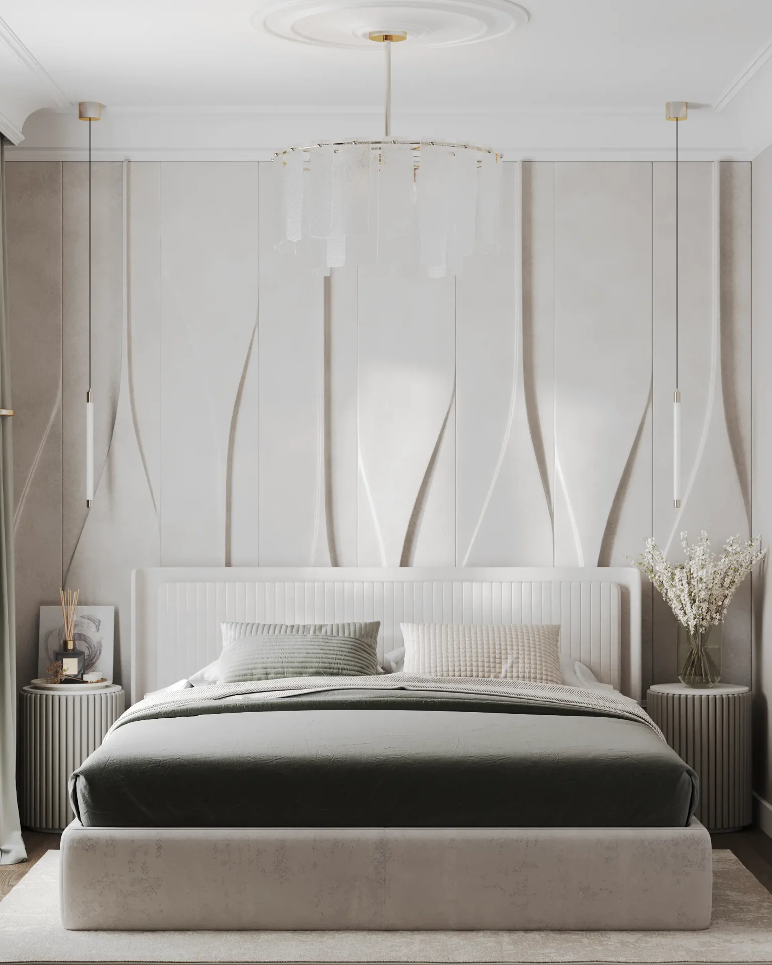 Symmetrical view of bed with matching nightstands