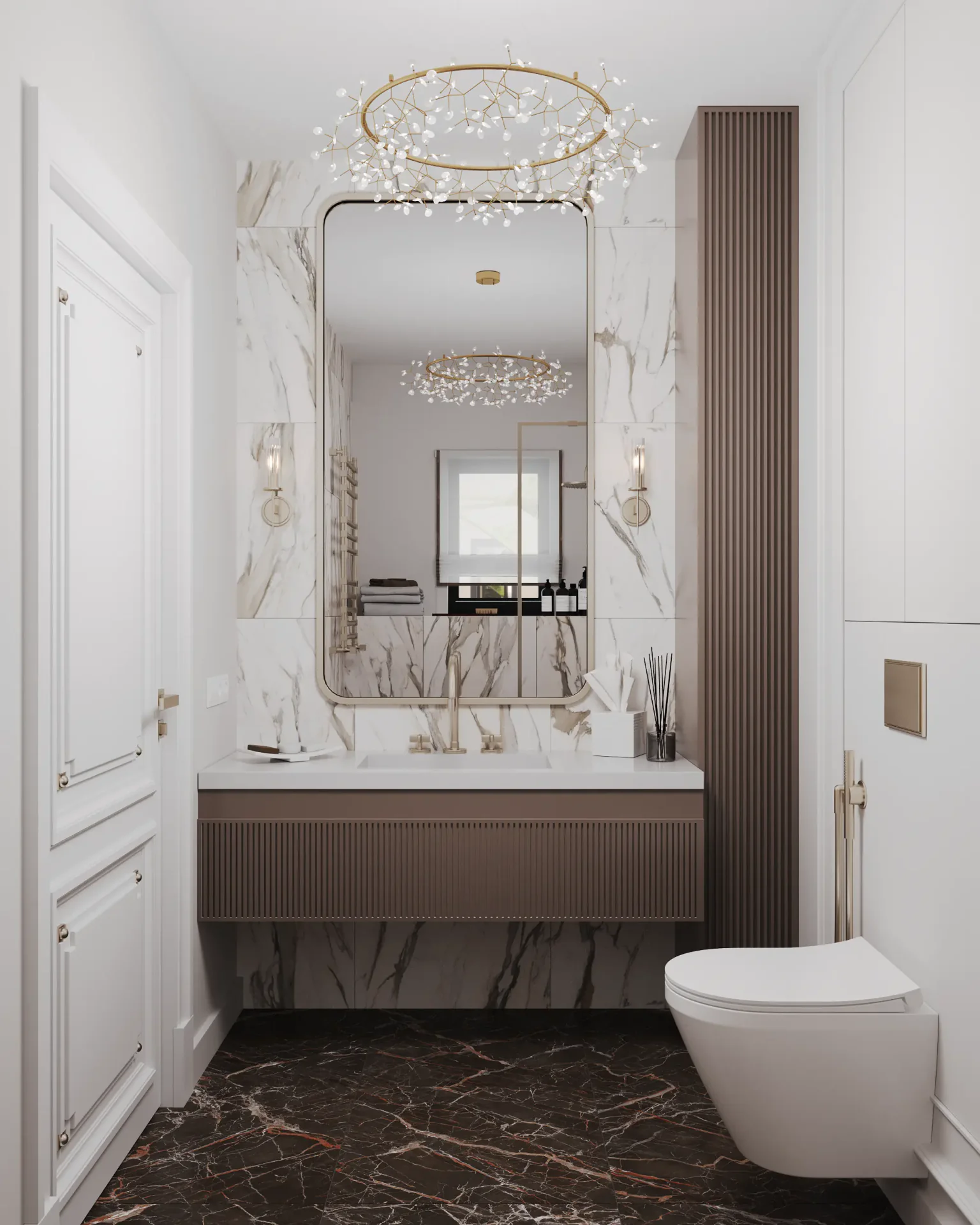 Second-floor bathroom vanity cabinet with mirror