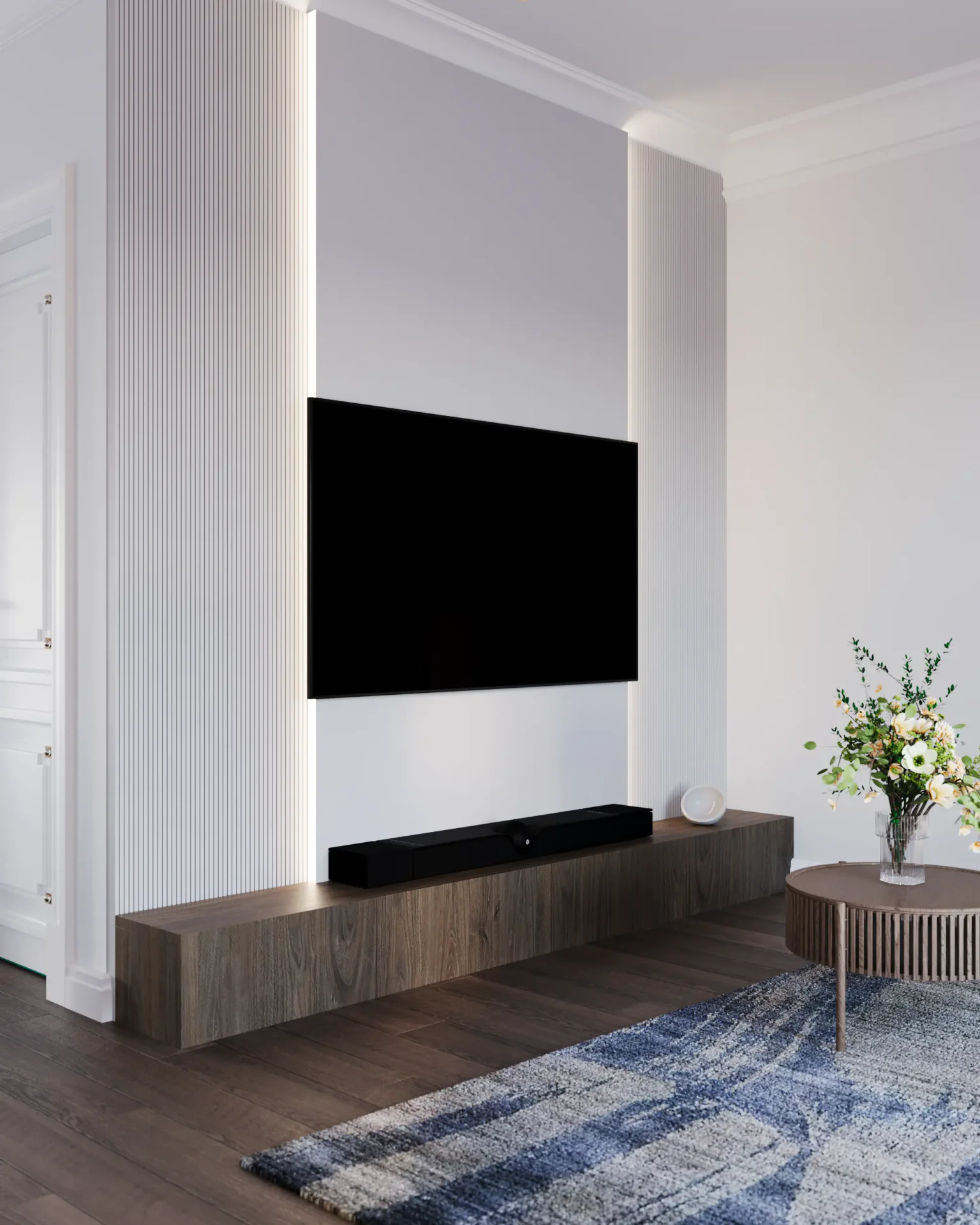 Compact media wall design in small living room setting