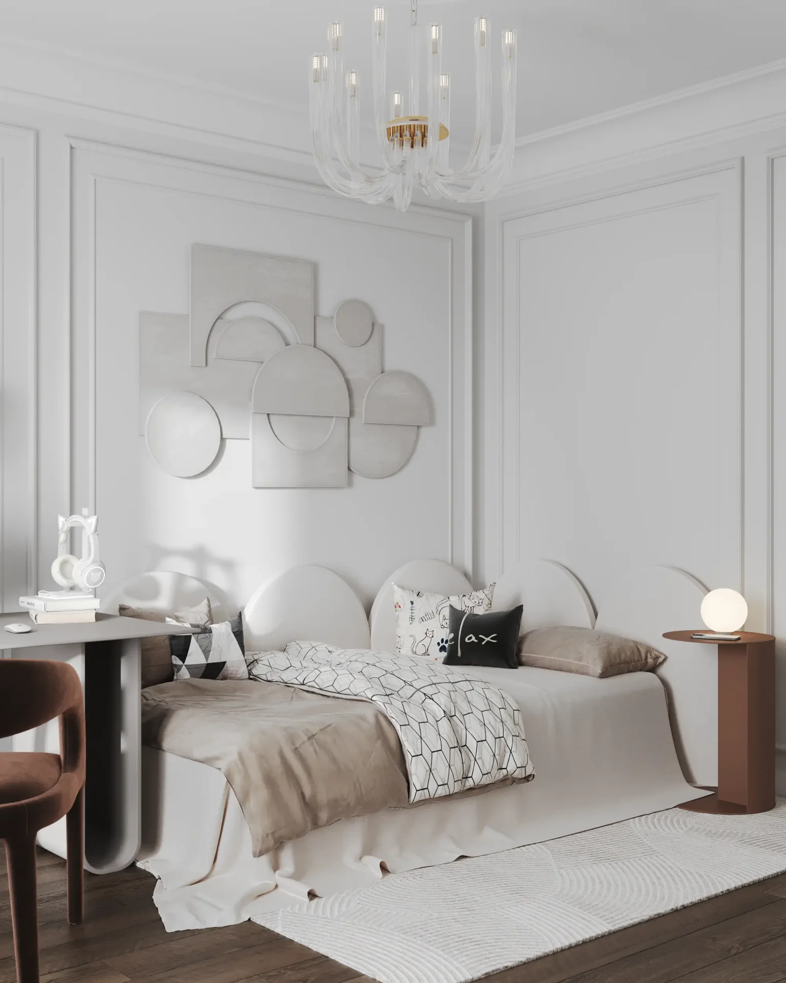 Teen bedroom interior design featuring modern bed setup