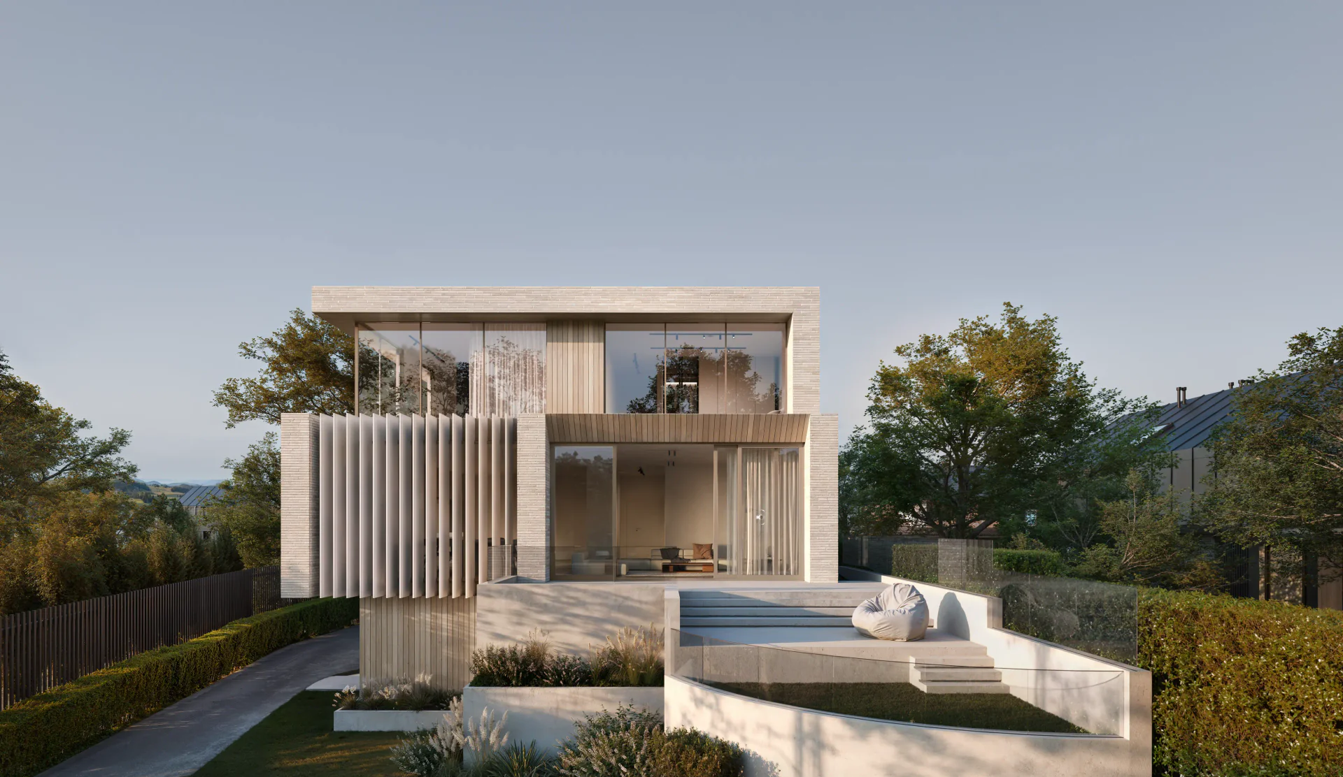 Villa with a fenced relaxation area and garden (non-glass railing).