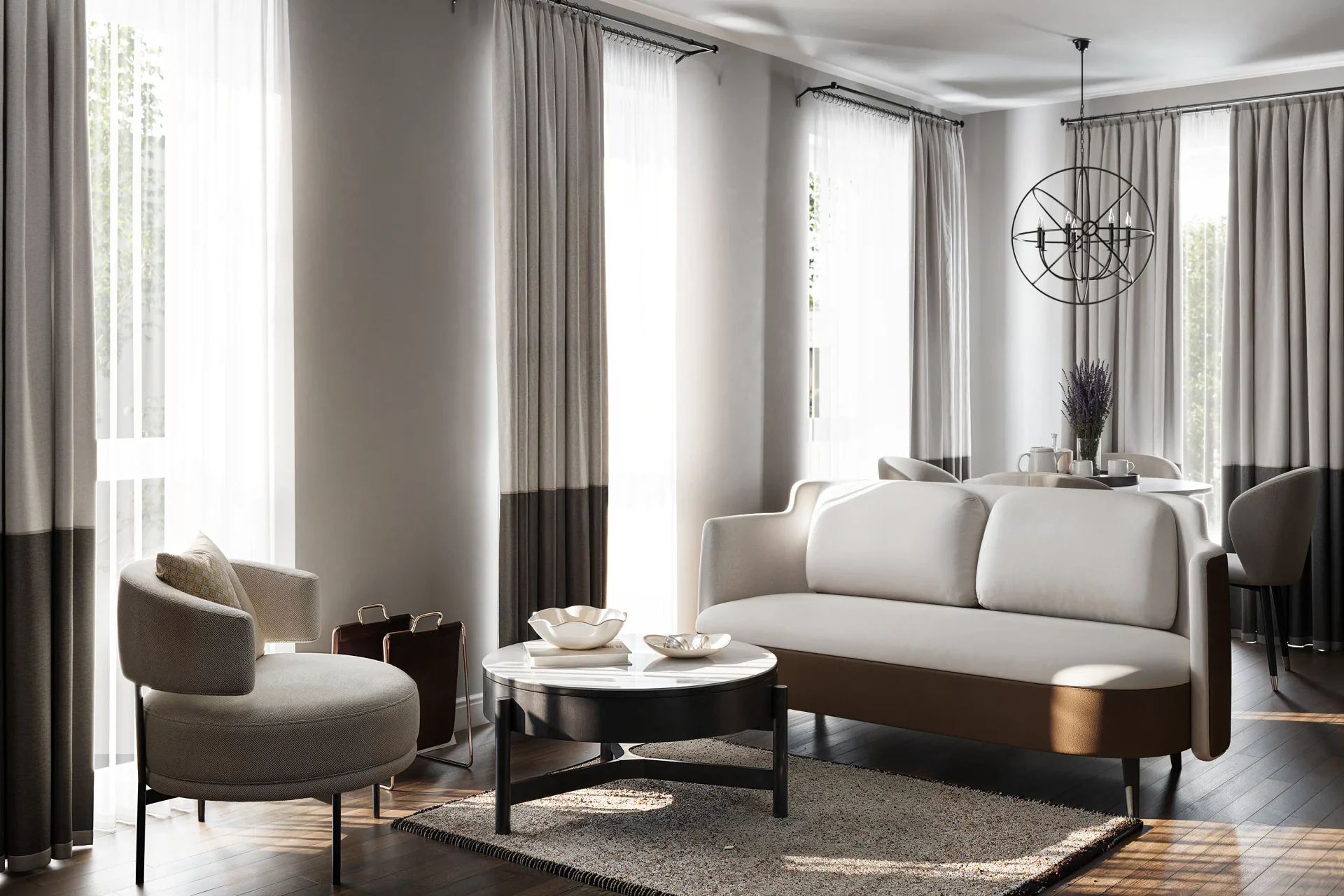 Modern living room with beige sofa, round armchair and dining area with natural light.
