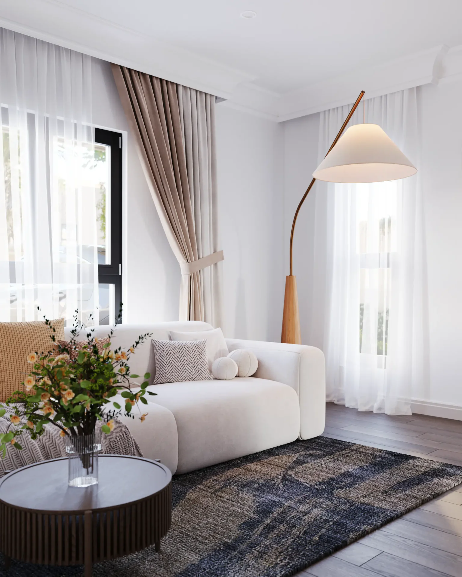 Cozy living area seating with sofa, side table, and floor lamp