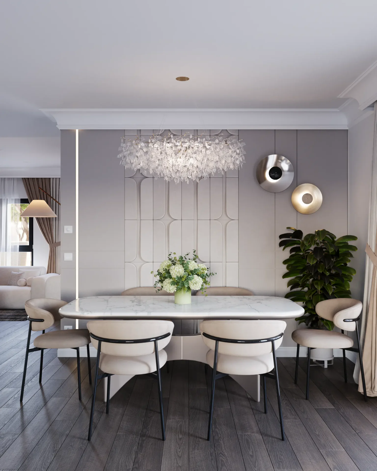 Front view of 6-person dining set positioned by bright window