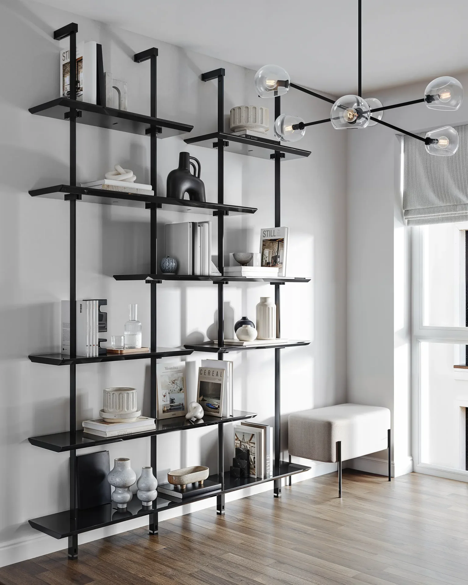 Stylish home office workspace with natural light and minimalist decor.