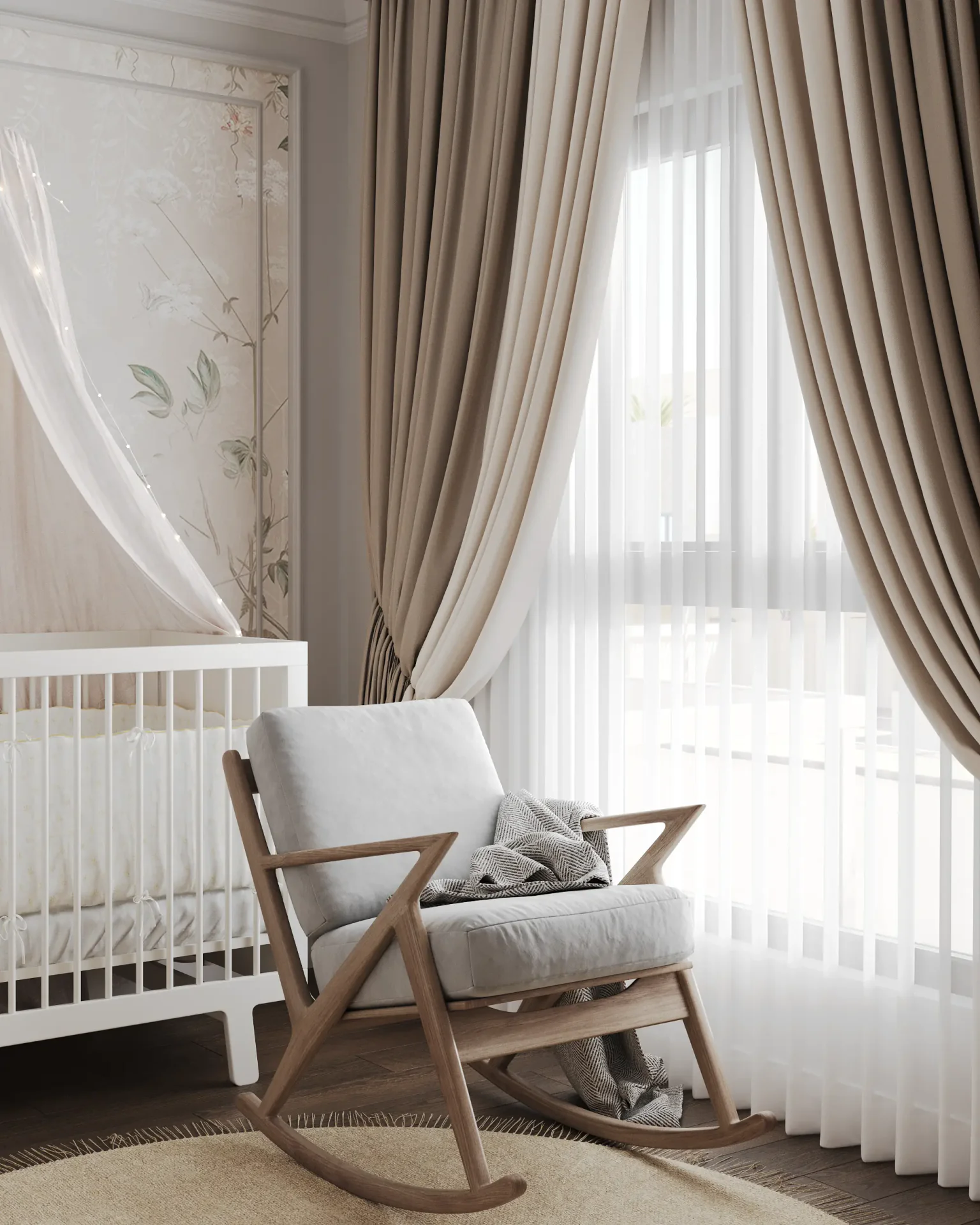 Cozy rocking chair placed by the window in baby room