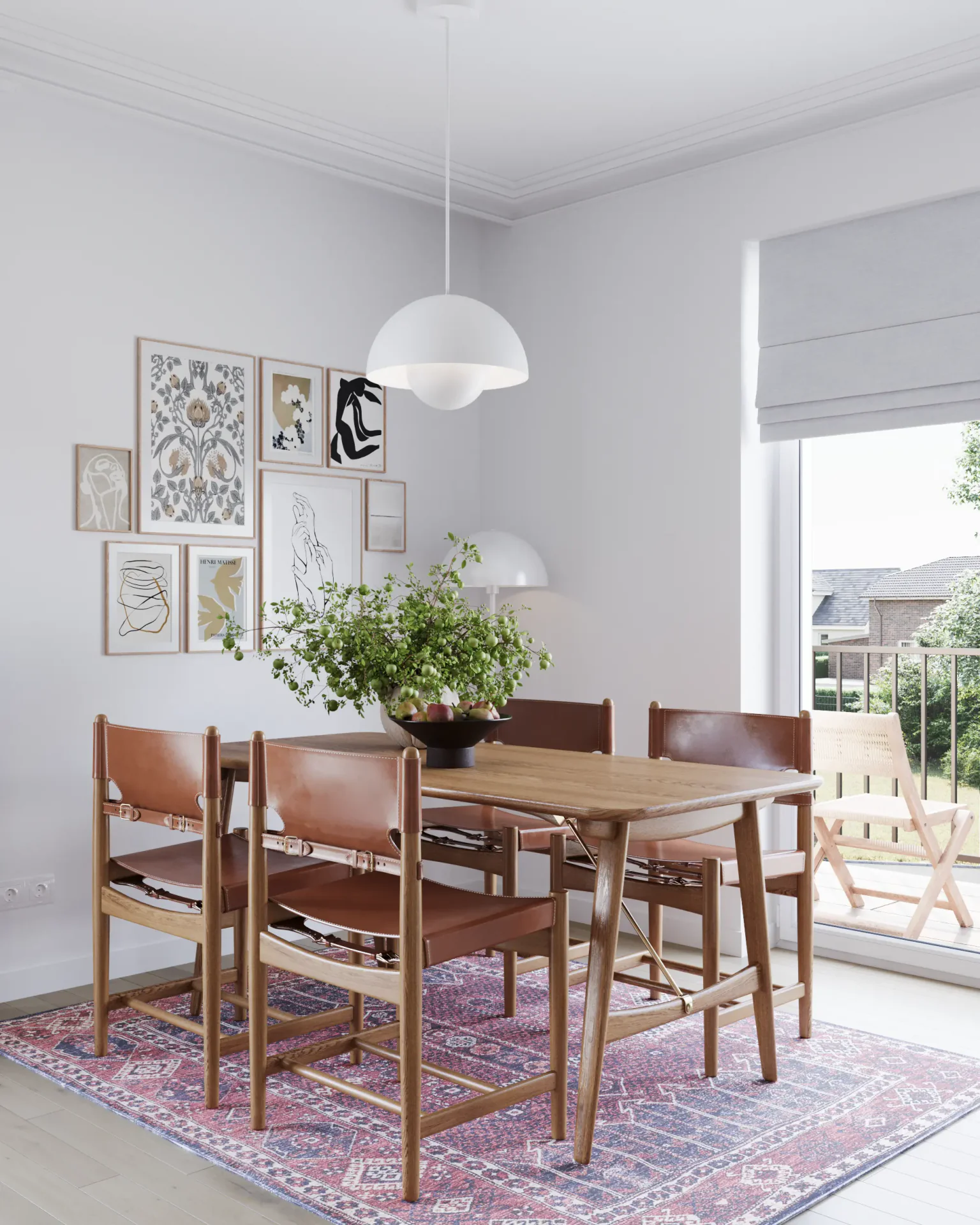 Angled view of a dining table for four to five people.