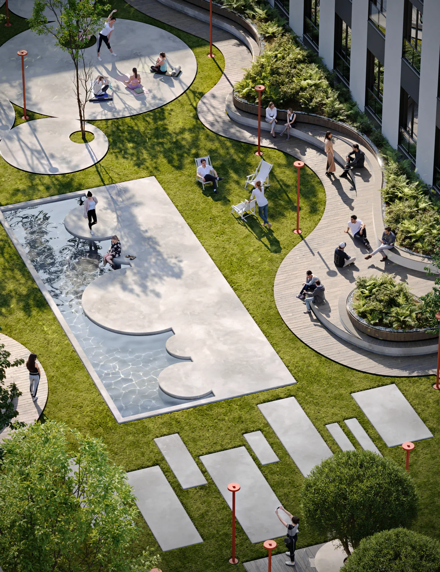 Expansive aerial view of a modern complex's amenities, showing a pool, sports zone, and landscaped paths with people.