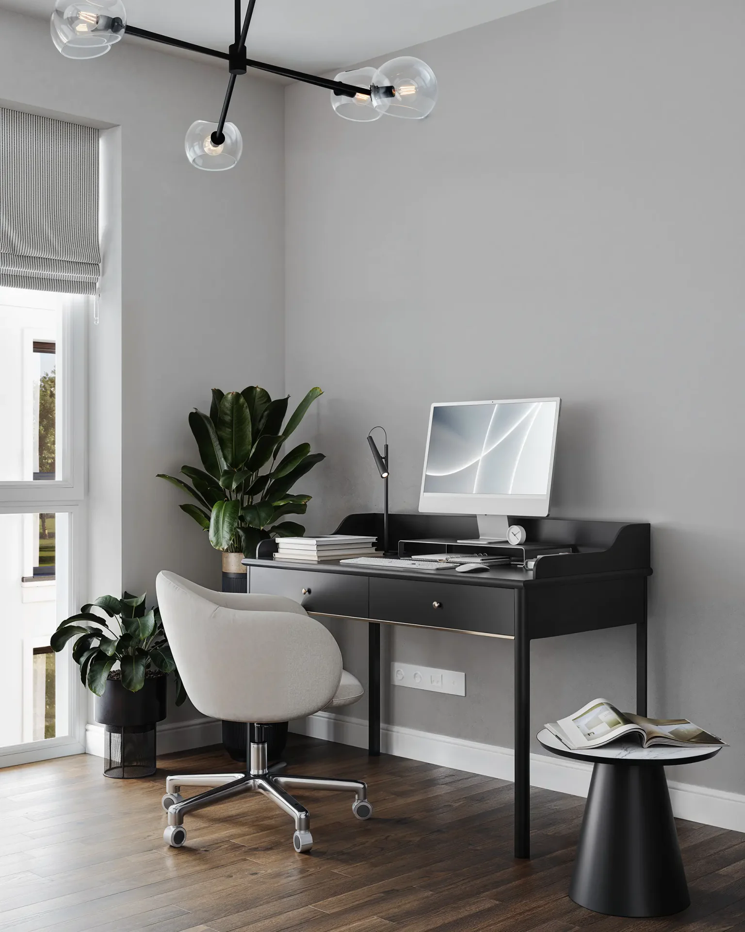 Home office interior design with wooden desk and modern shelving.
