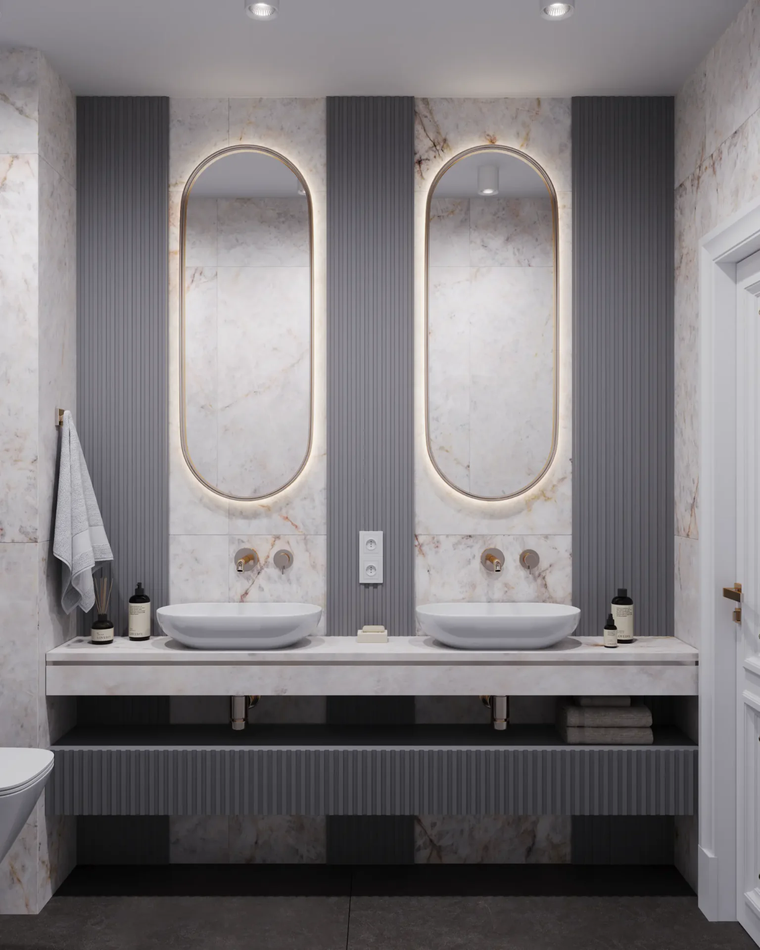 Double vanity unit with mirrors in ground floor bathroom