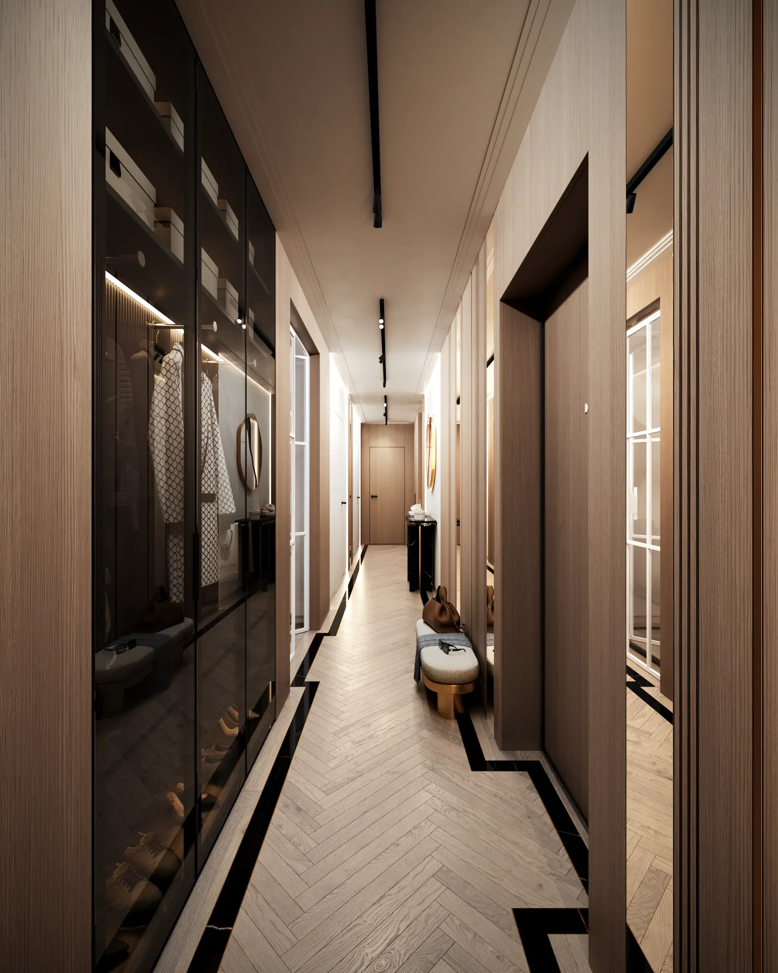 View of the apartment hallway from the entrance, showing a large, minimalist built-in wardrobe.