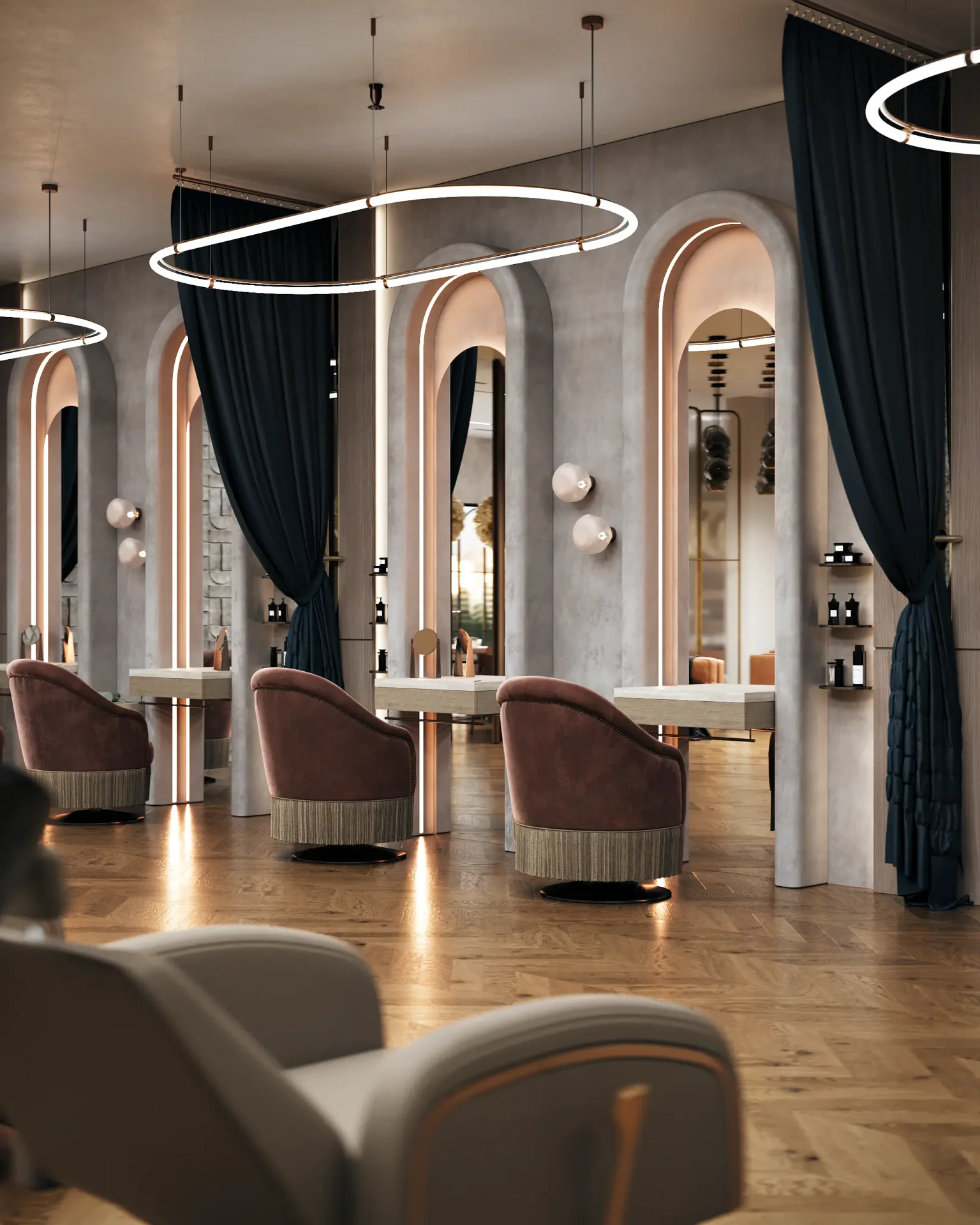 View from the hair wash area looking back at the main hairstyling stations in the salon.