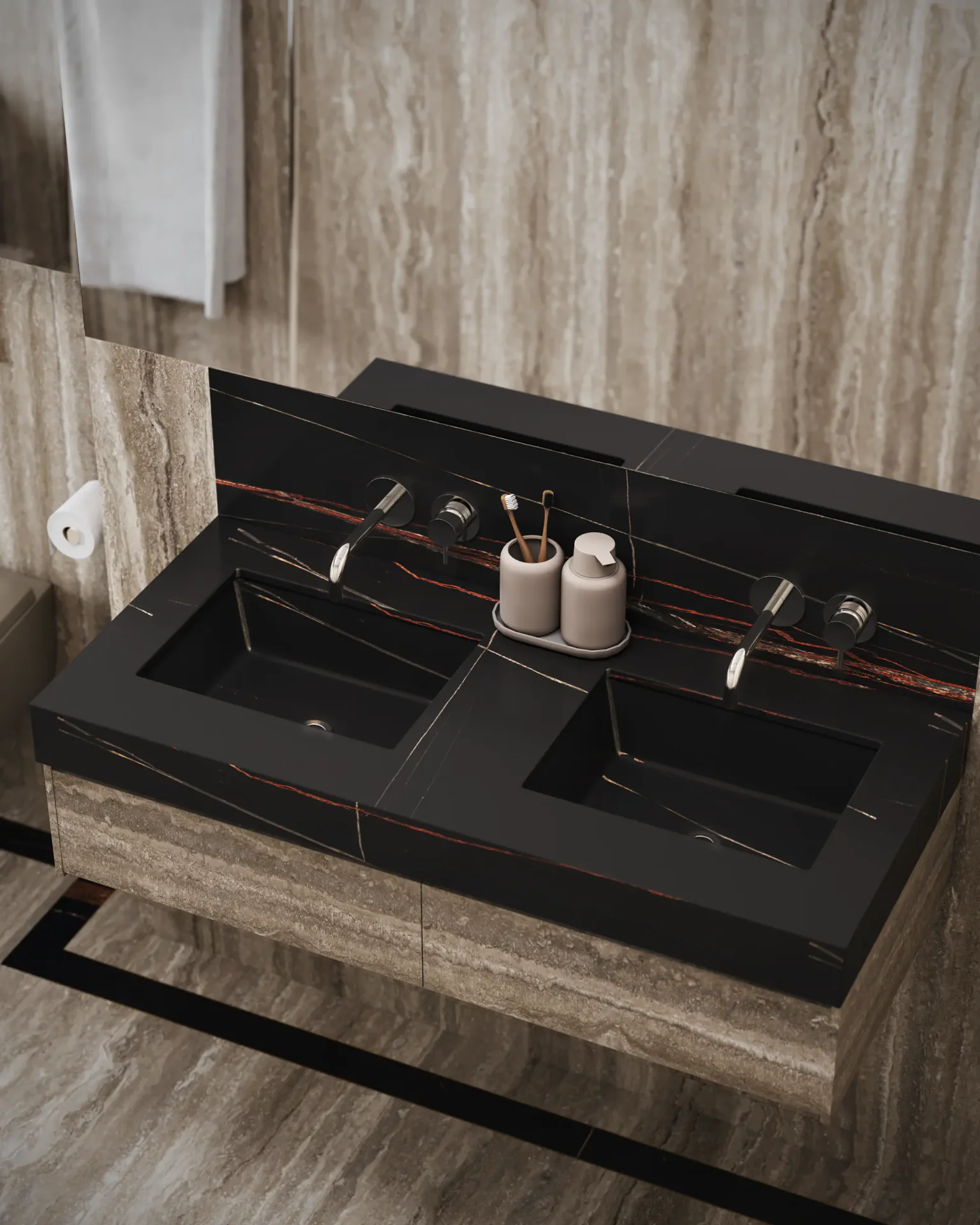 Close-up of the master bathroom vanity, showing a sleek sink, faucet, and minimalist decor.