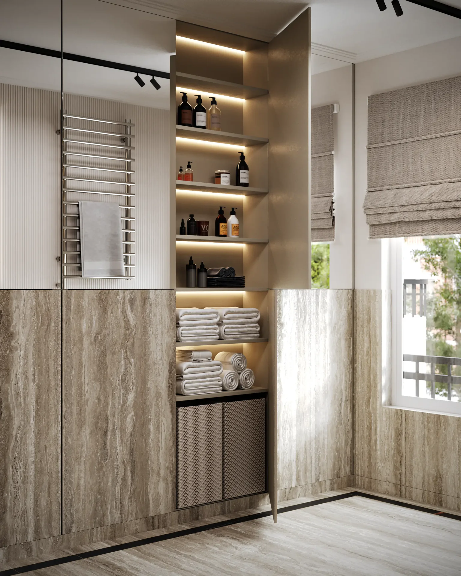 Corner view of a guest bathroom, highlighting an open, built-in wooden storage cabinet.