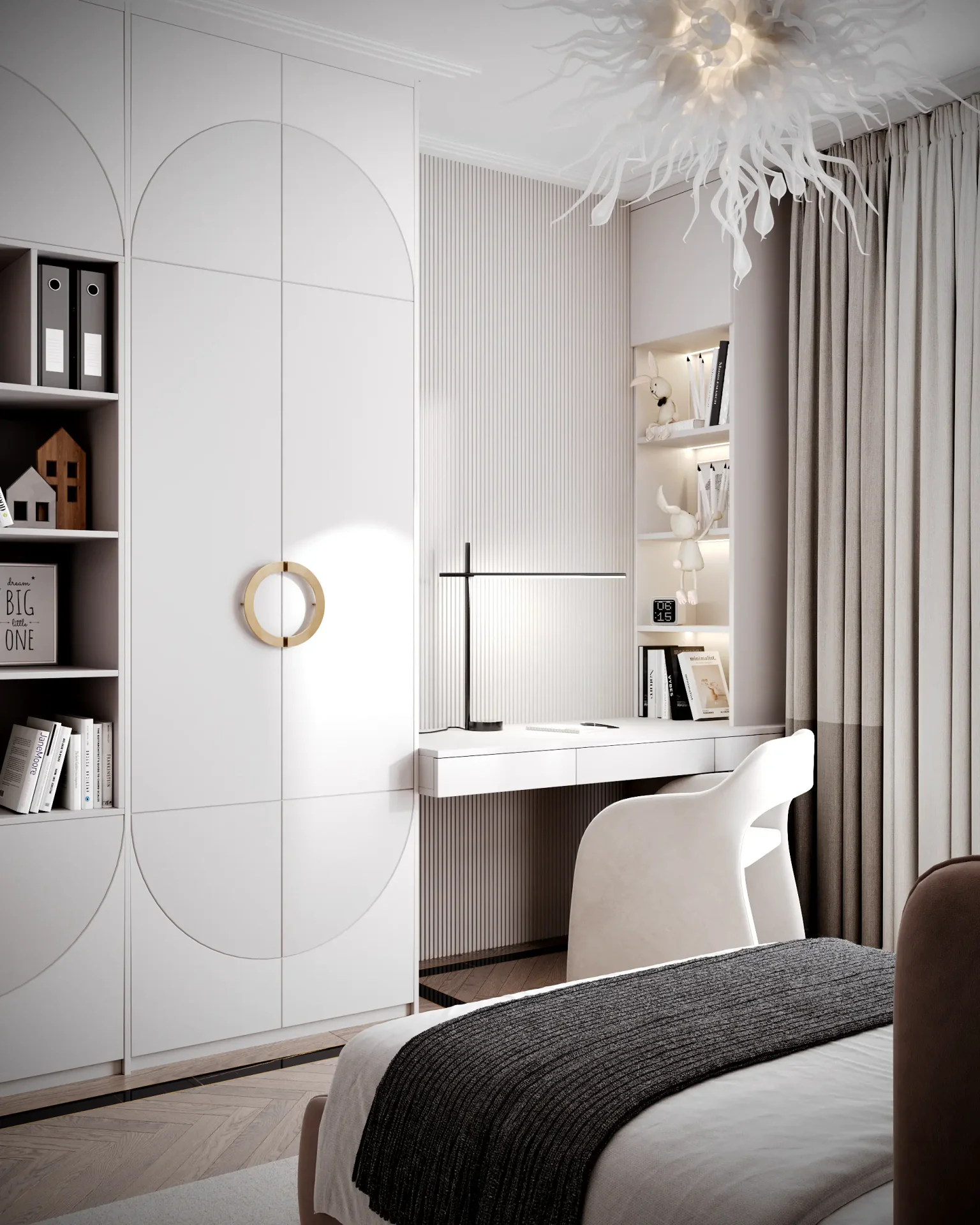 Modern workspace in a teenager's room with a sleek desk, comfortable chair, and wall shelving.