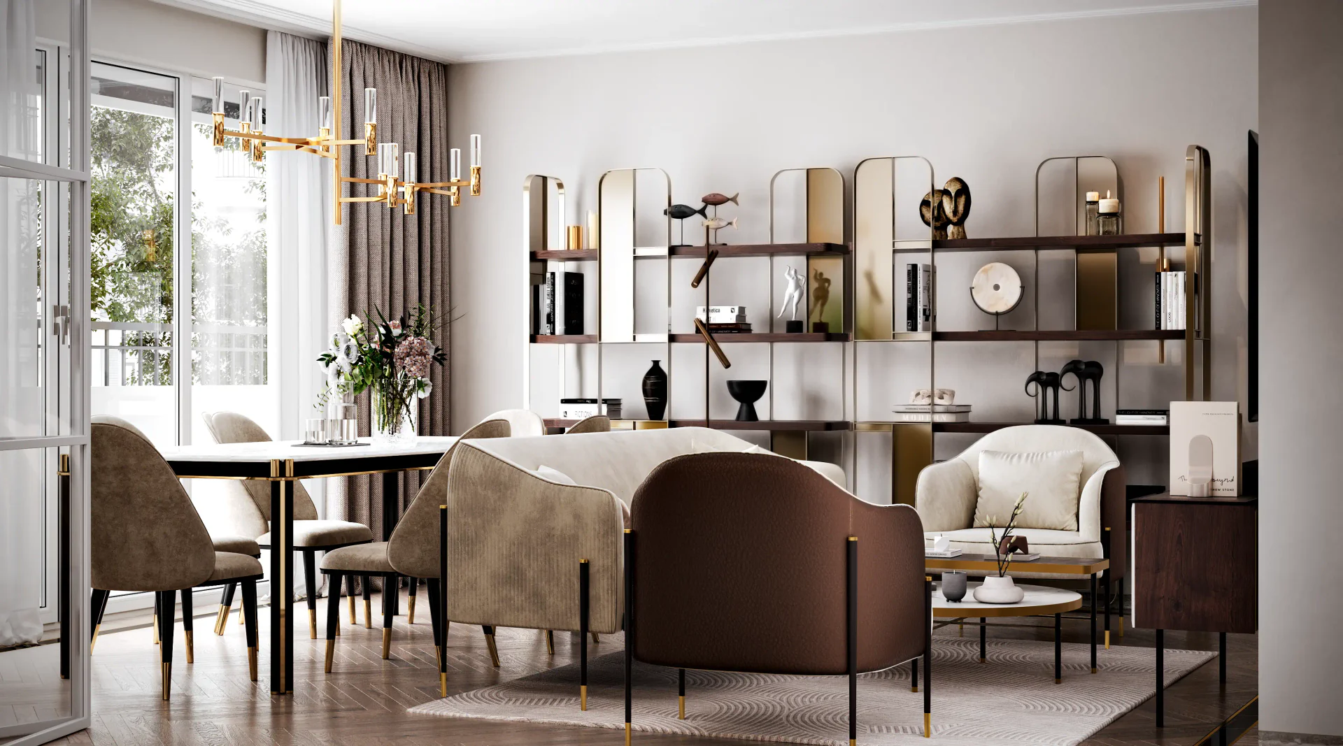 Corner view of the bright living room and dining area, highlighting built-in storage shelves.