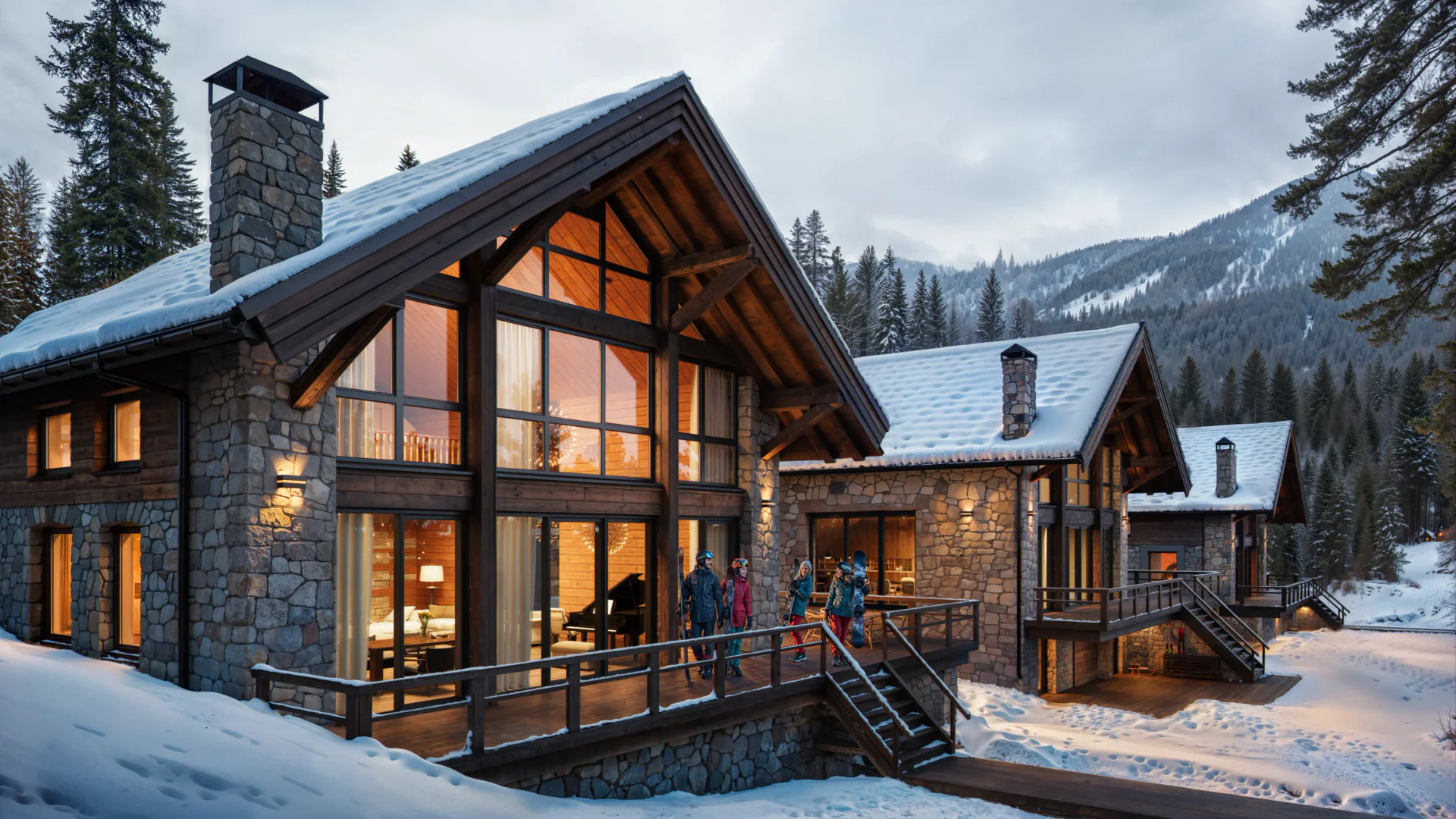Résidence alpine moderne comprenant des cottages en pierre conçus pour le confort de la montagne.