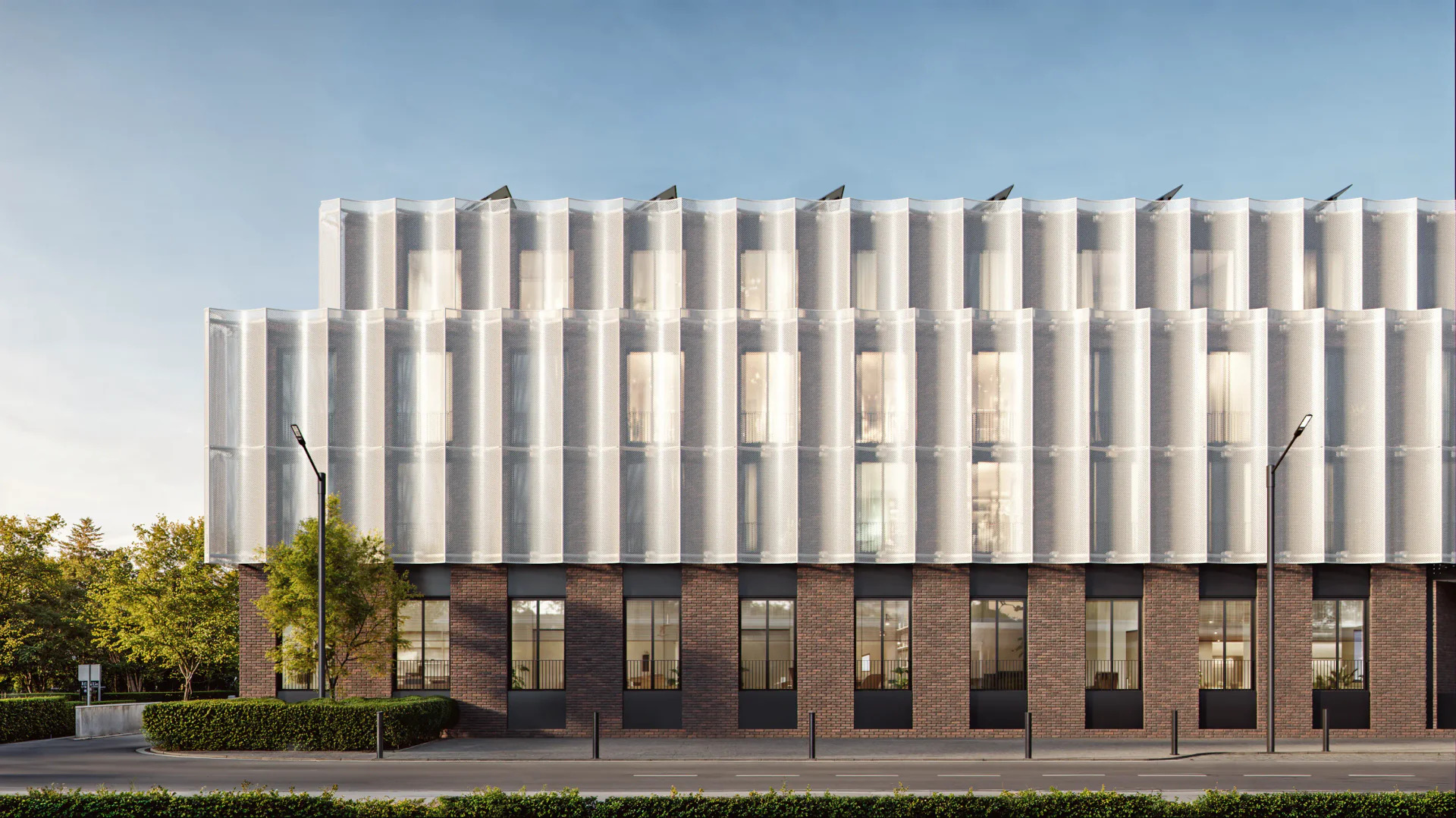 Frontal daytime view of the modern residential complex, showcasing facade design option 4.