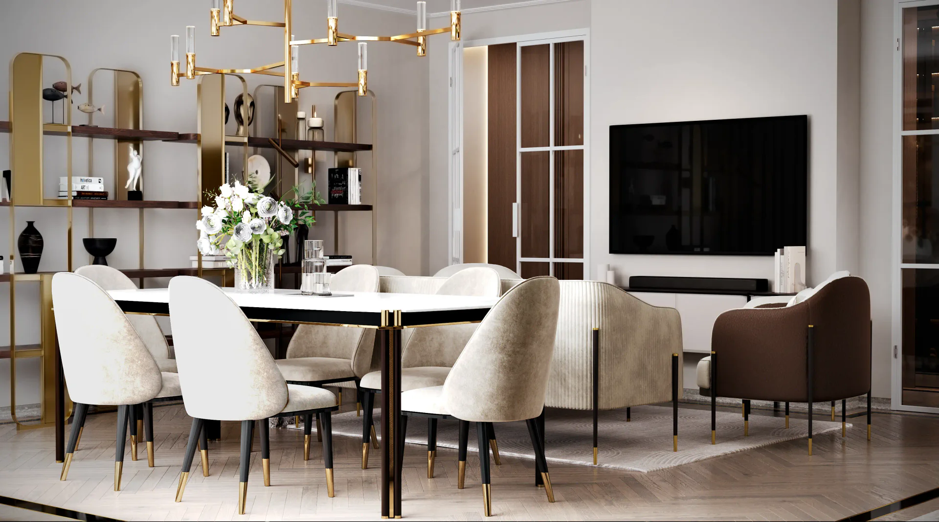 Wide view of the open-plan living room, showing the sofa, TV, dining area, and main entrance.
