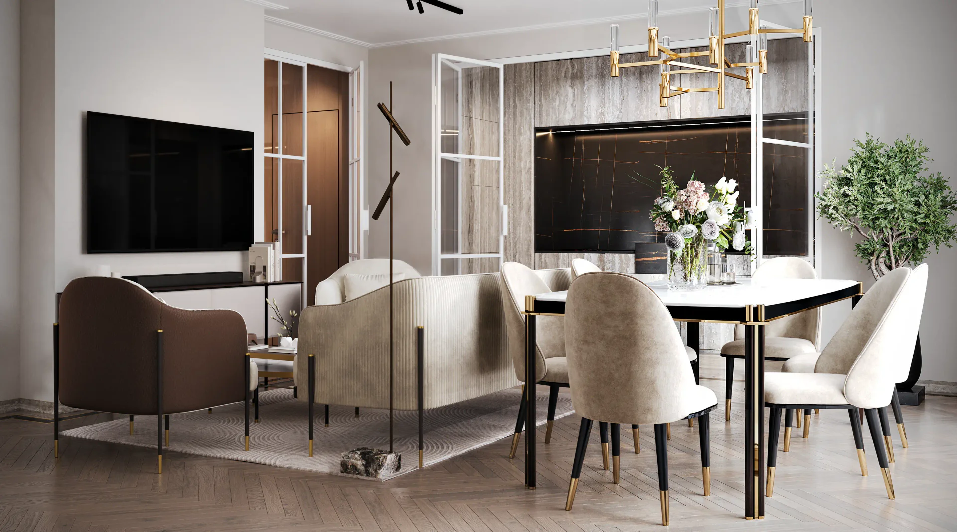 Corner view of the spacious open-plan living room, showing the sofa group and adjacent dining area.