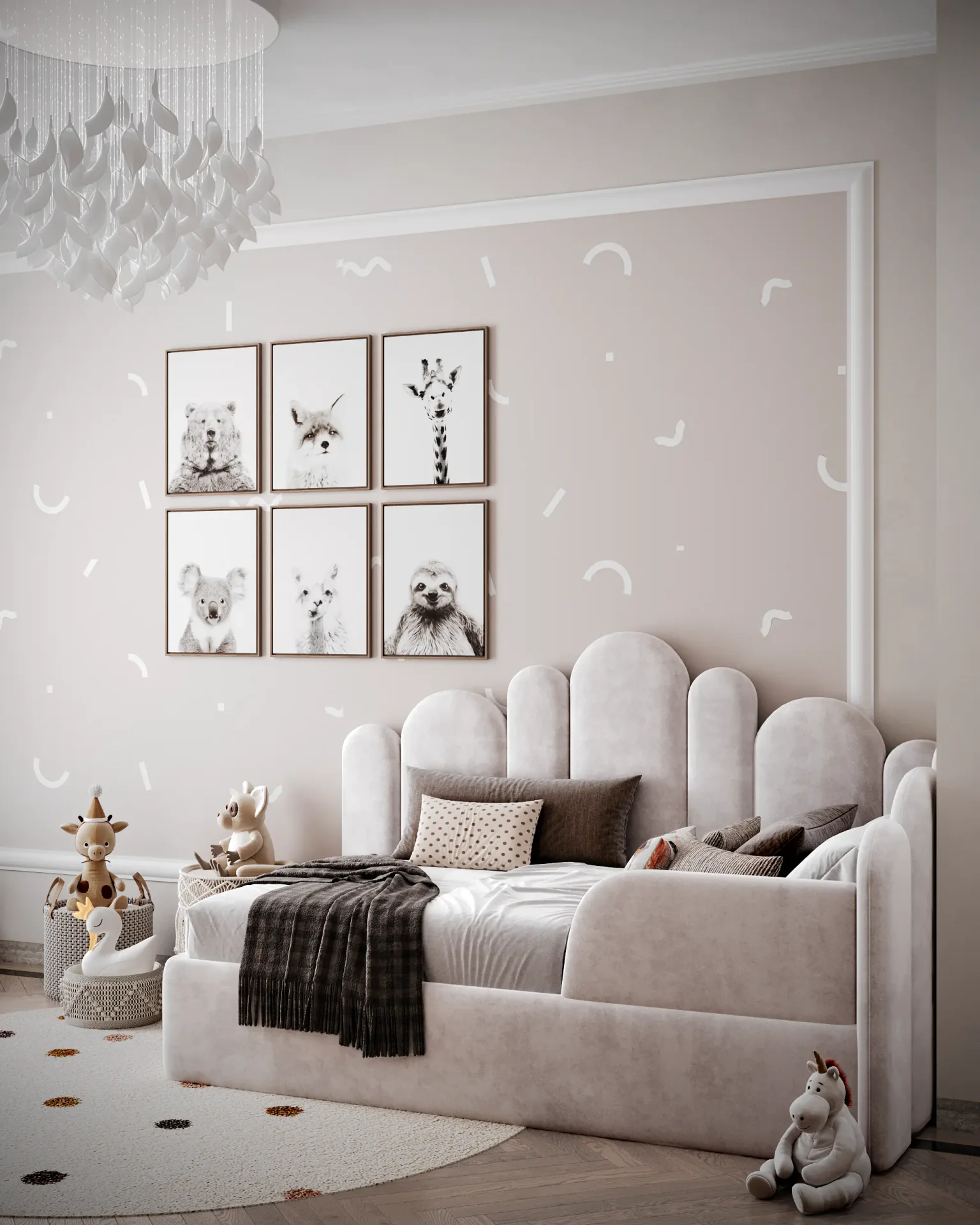 Cozy sleeping area in a bright, modern children's bedroom with a house-frame bed.