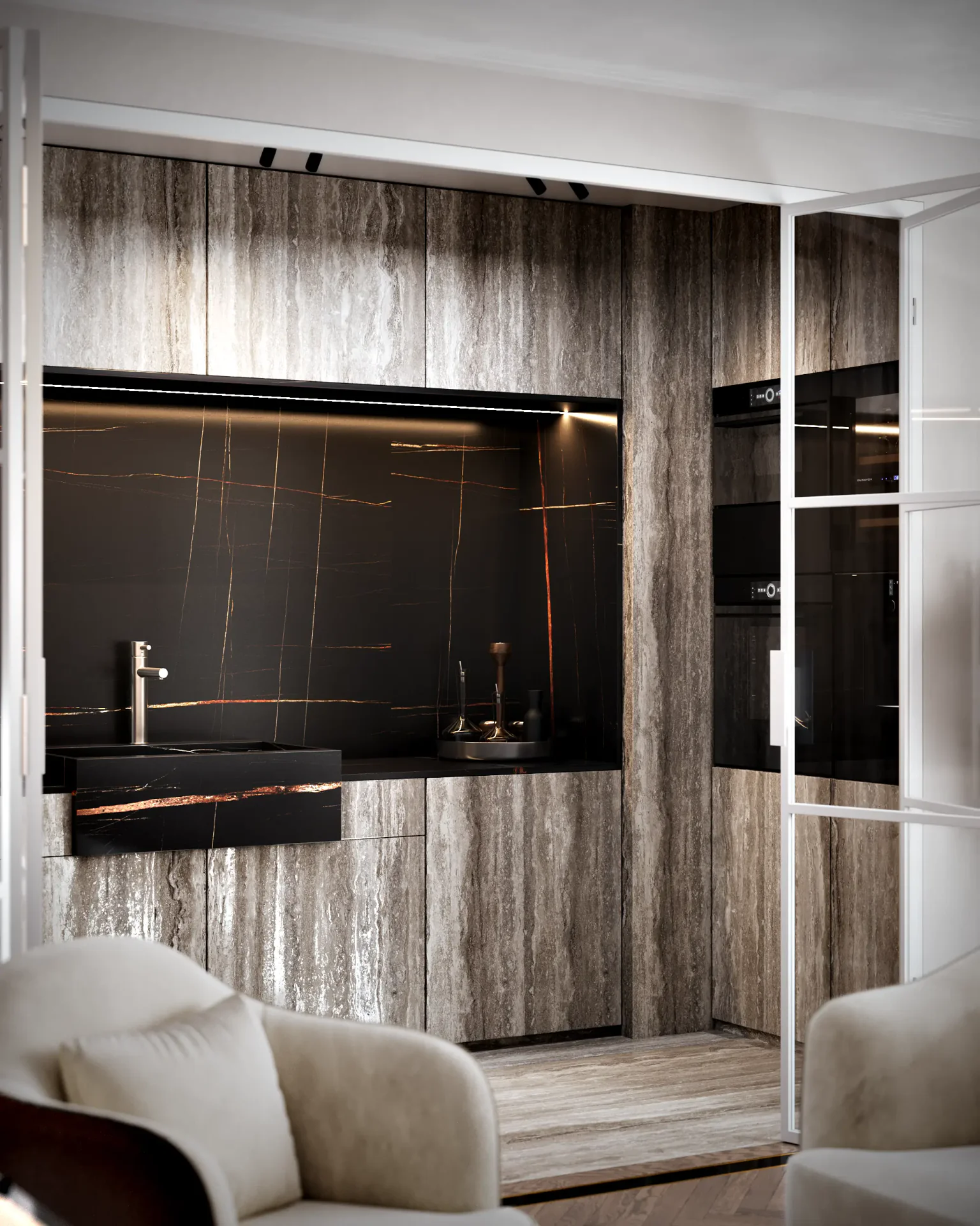 View from the living room sofa looking towards the sleek, modern kitchen and island.