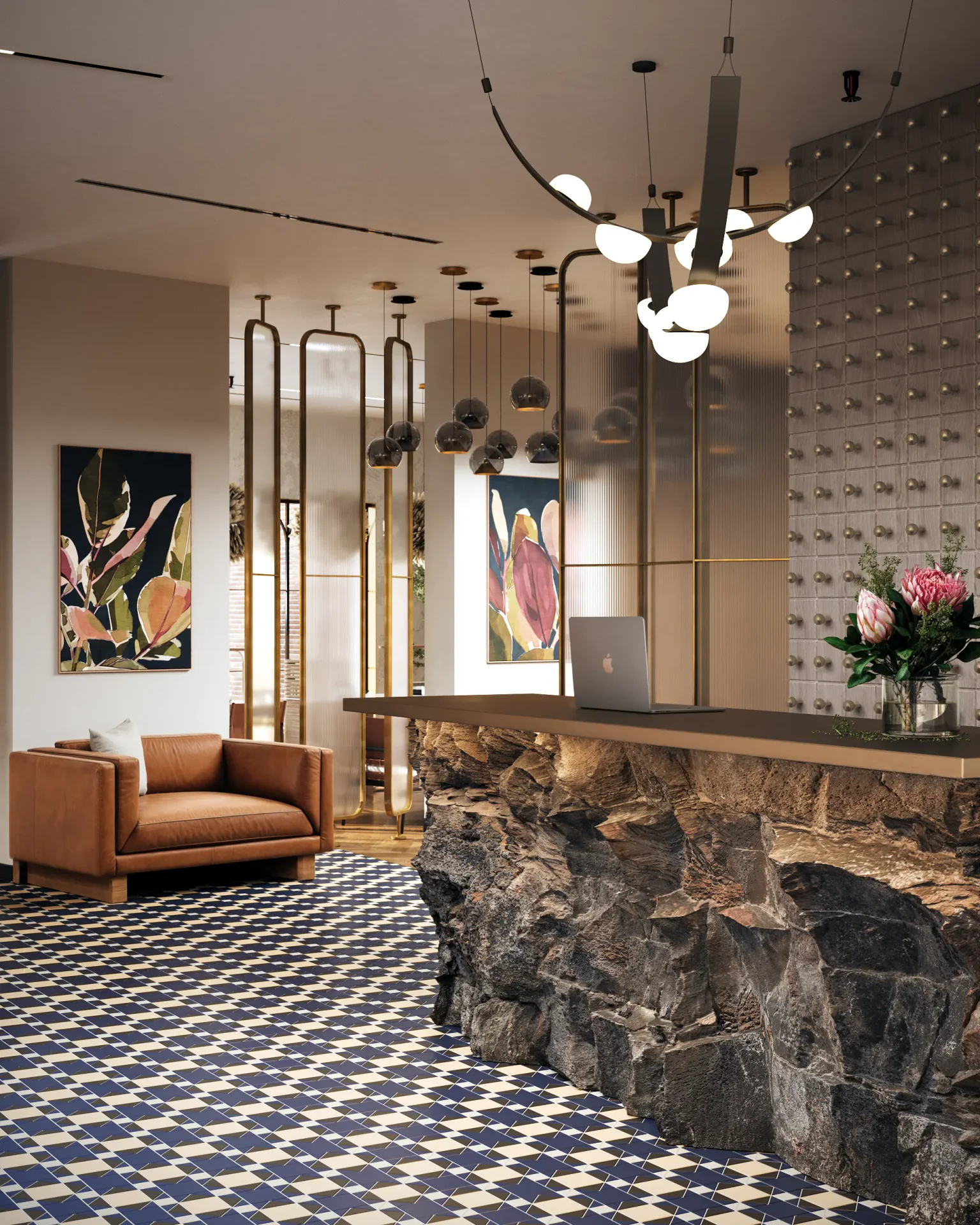 Corner view of the elegant salon reception and waiting lounge, separated by stylish partitions.