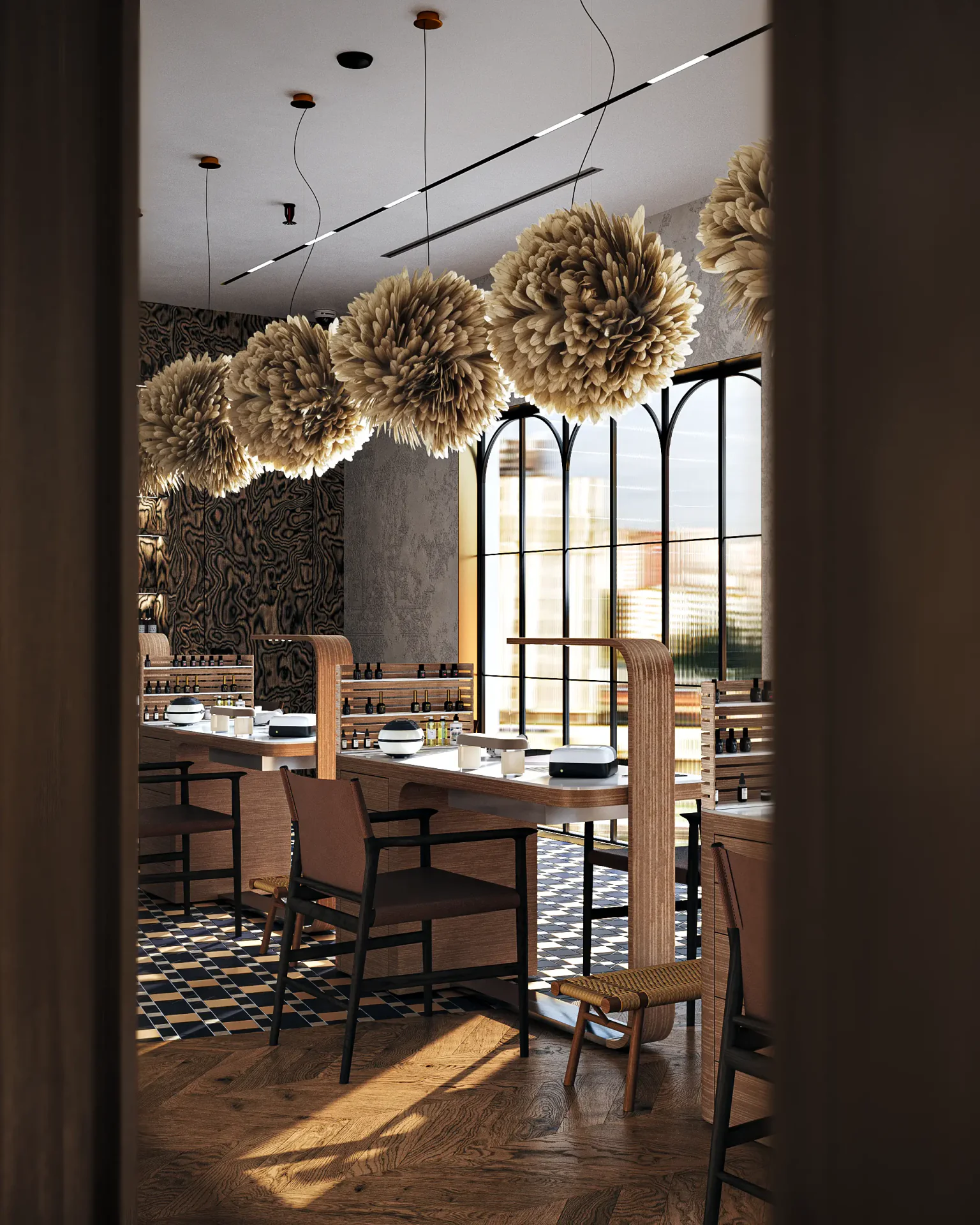 View from the main salon into the dedicated manicure room through a large internal window.