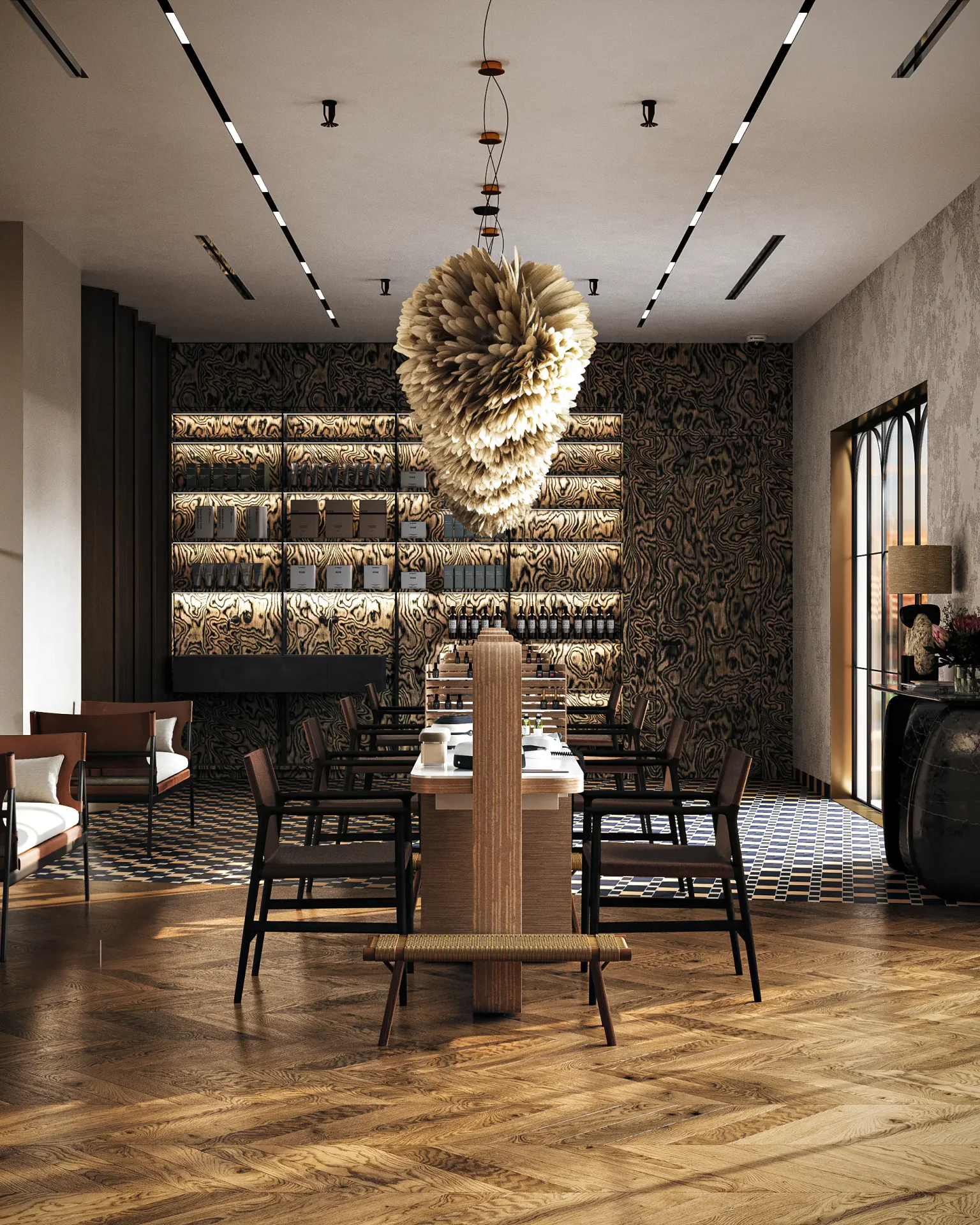 Wide view of the modern manicure area, showing elegant client chairs and a retail display.