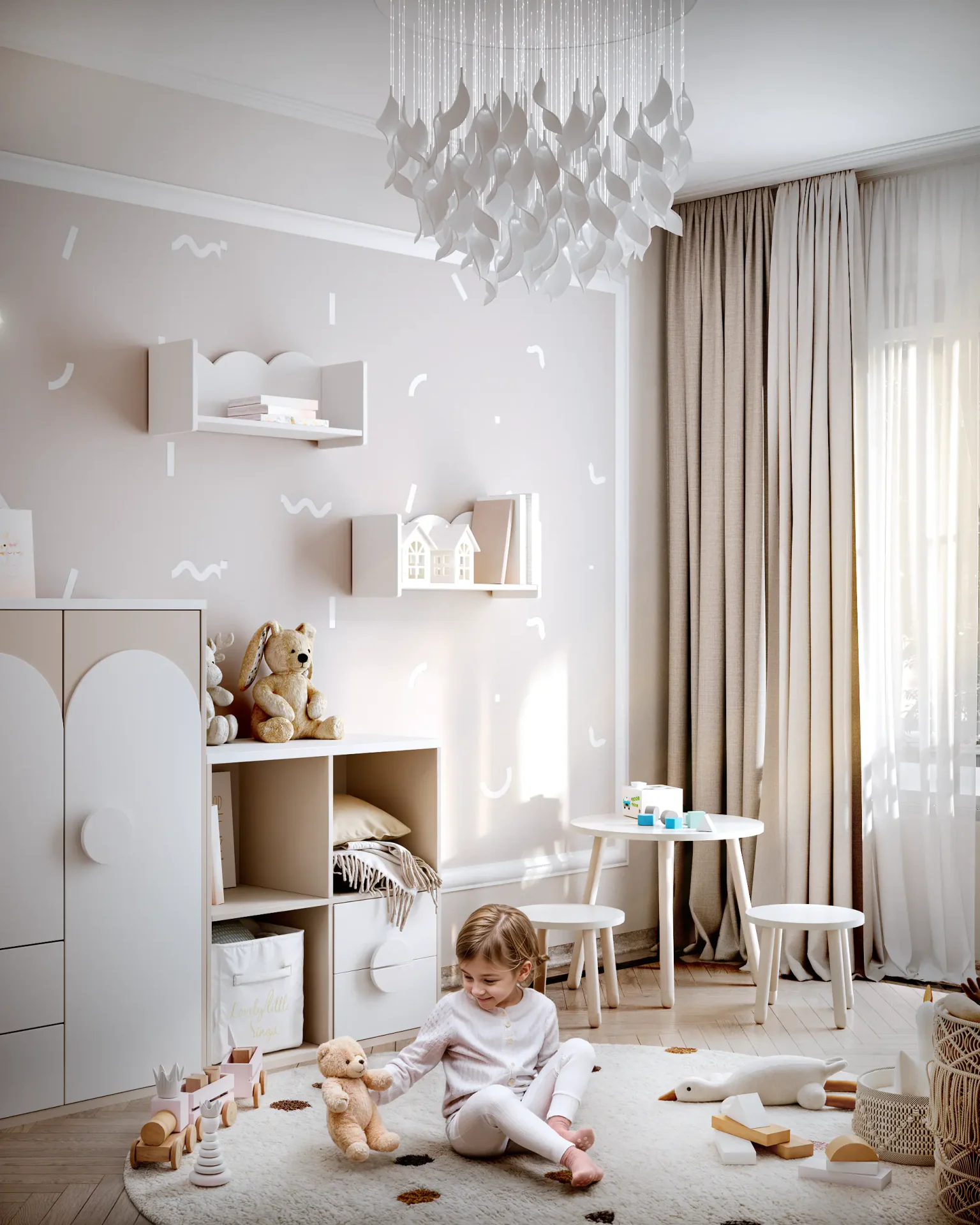 Bright children's play area, with a child playing on a soft, colorful floor mat.