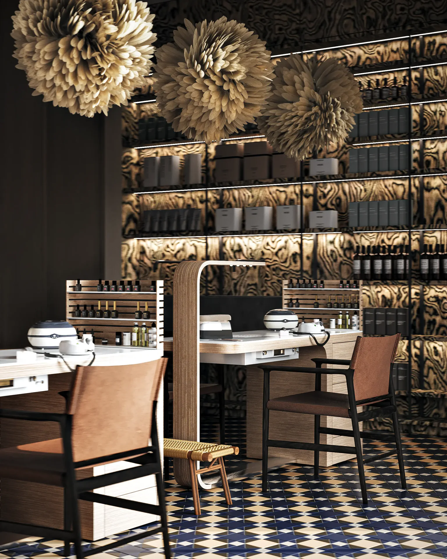 Chic manicure stations in a bright salon, next to an illuminated product display shelf.