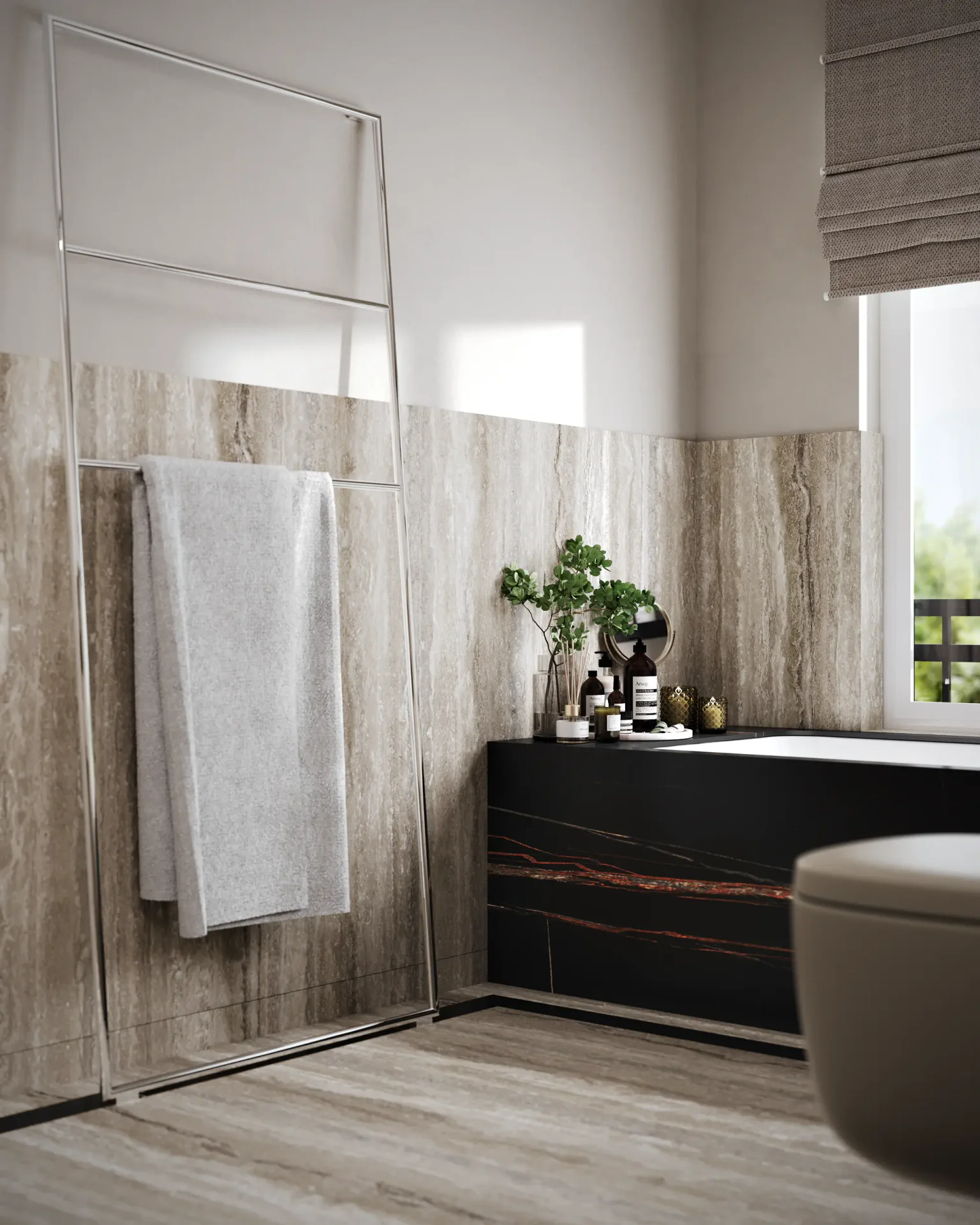 Corner view highlighting the modern heated towel rail and minimalist design of the master bathroom.