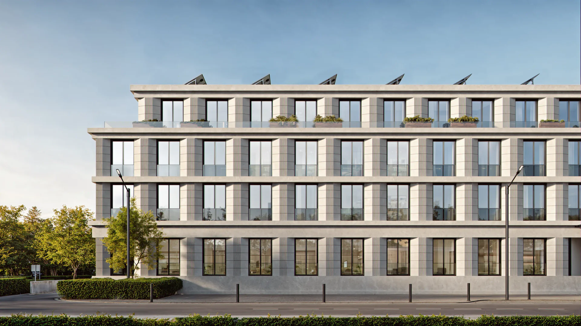 Frontal daytime view of the modern residential complex, showcasing facade design option 2.