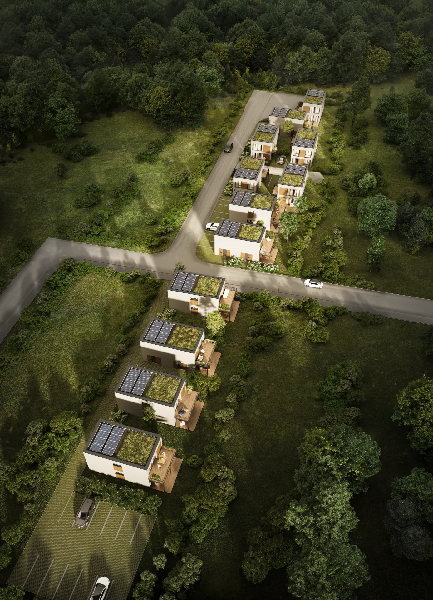 Aerial bird's-eye view of a modern residential complex layout (duplicate).