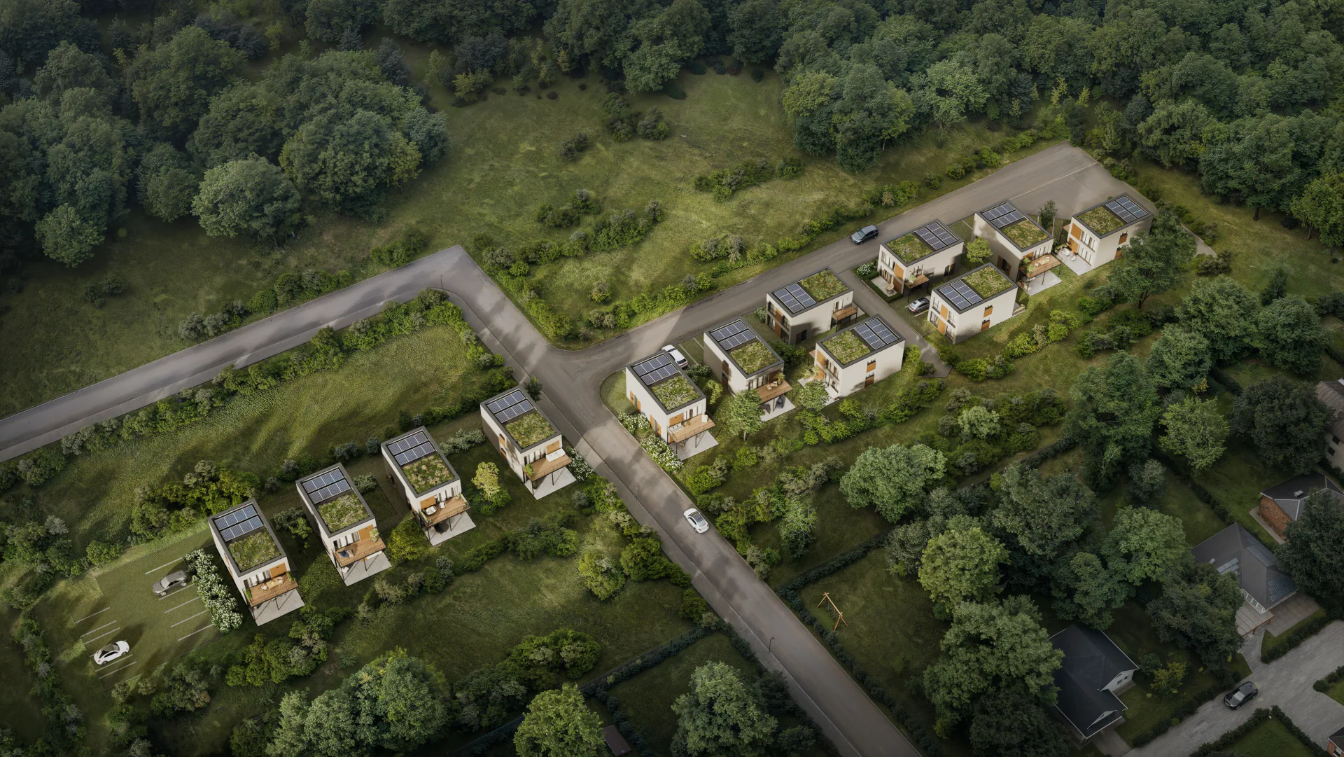 Aerial bird's-eye view of a modern residential complex layout.