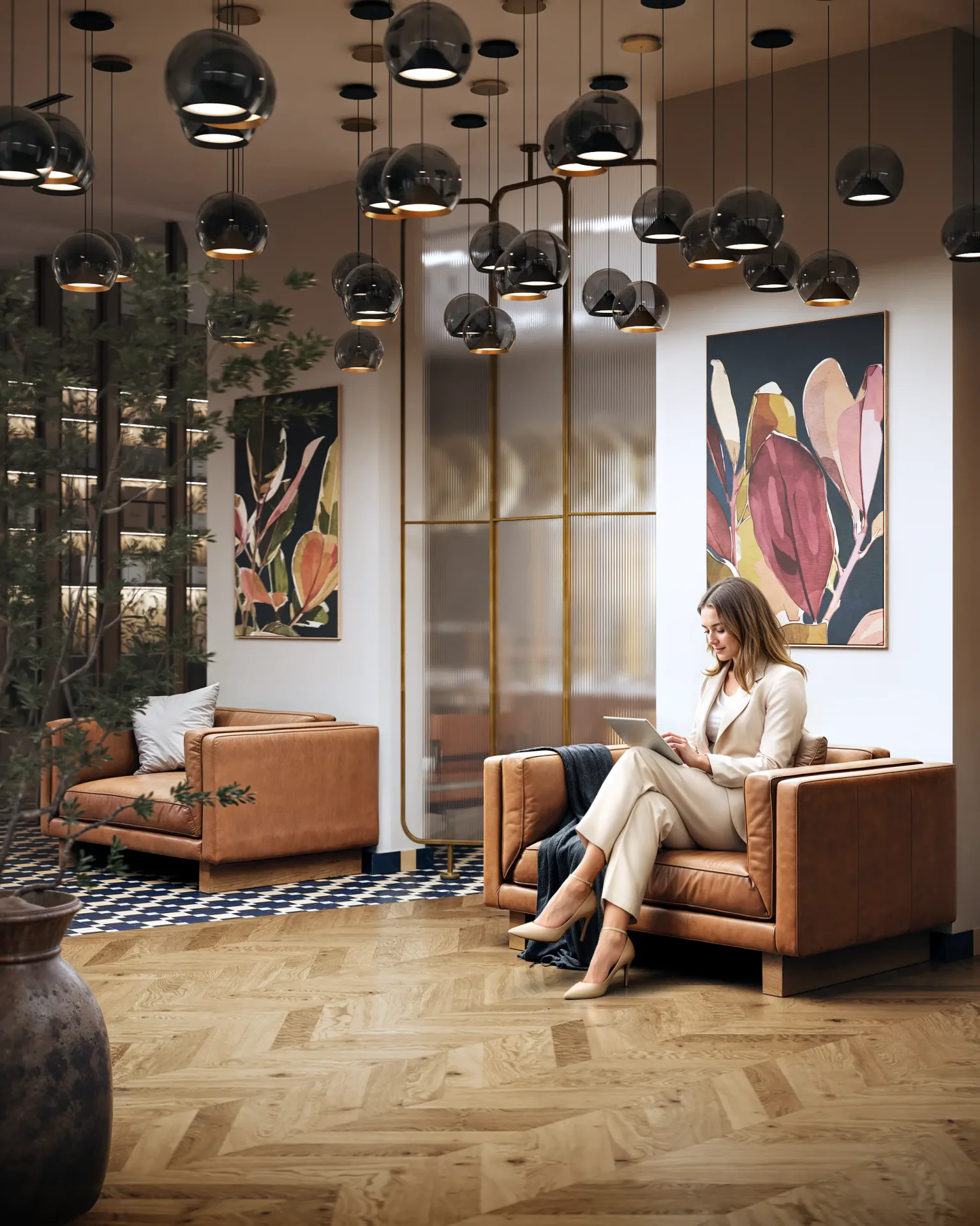 Modern waiting area with plush sofas set against an elegant, semi-transparent partition.
