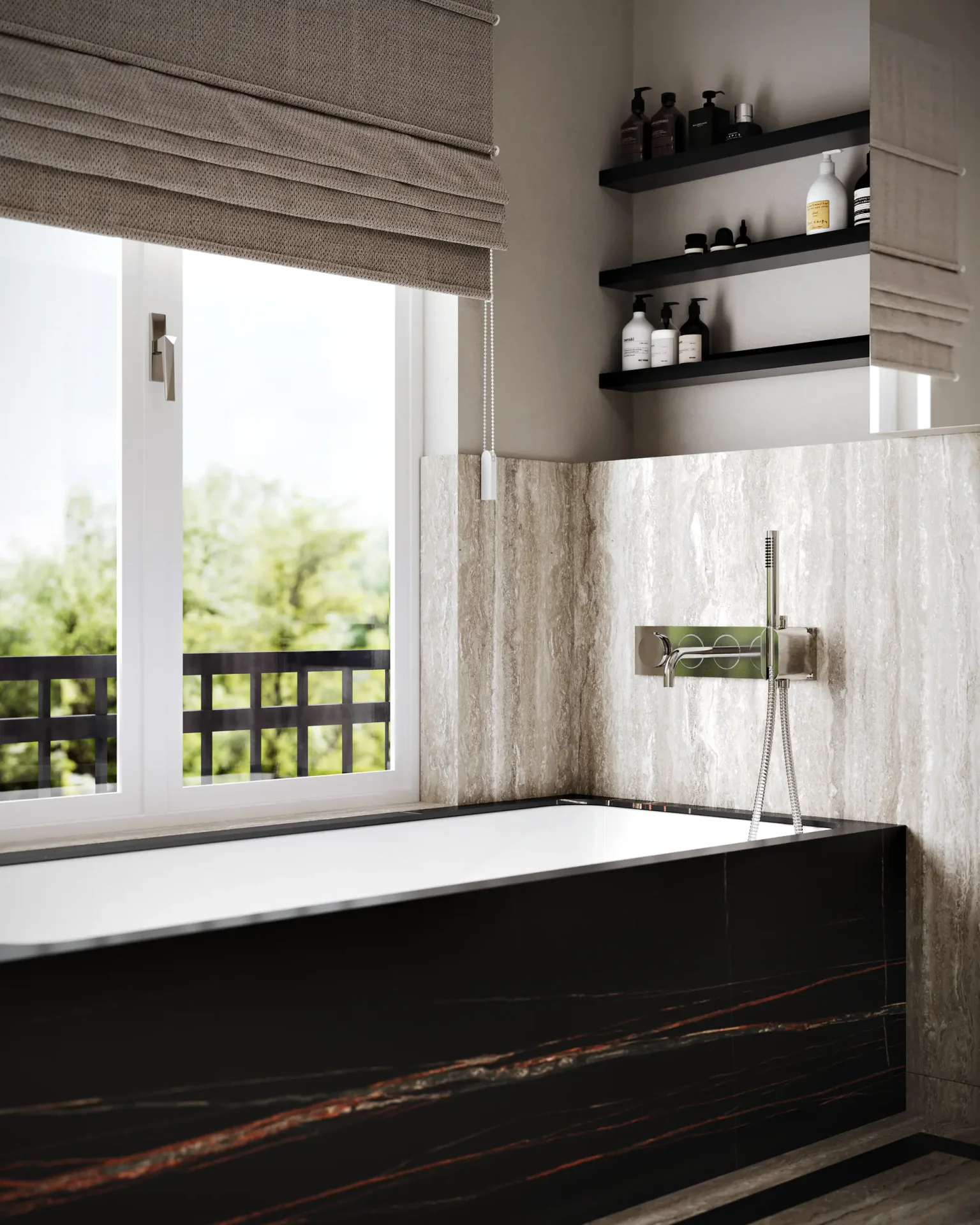 Serene master bathroom featuring a modern freestanding bathtub positioned by a large window.