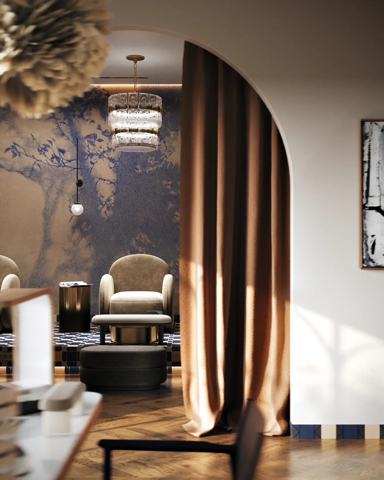 Symmetrische Frontalansicht des eleganten gewölbten Eingangsbereichs, der in den Pedikürebereich des Salons führt.