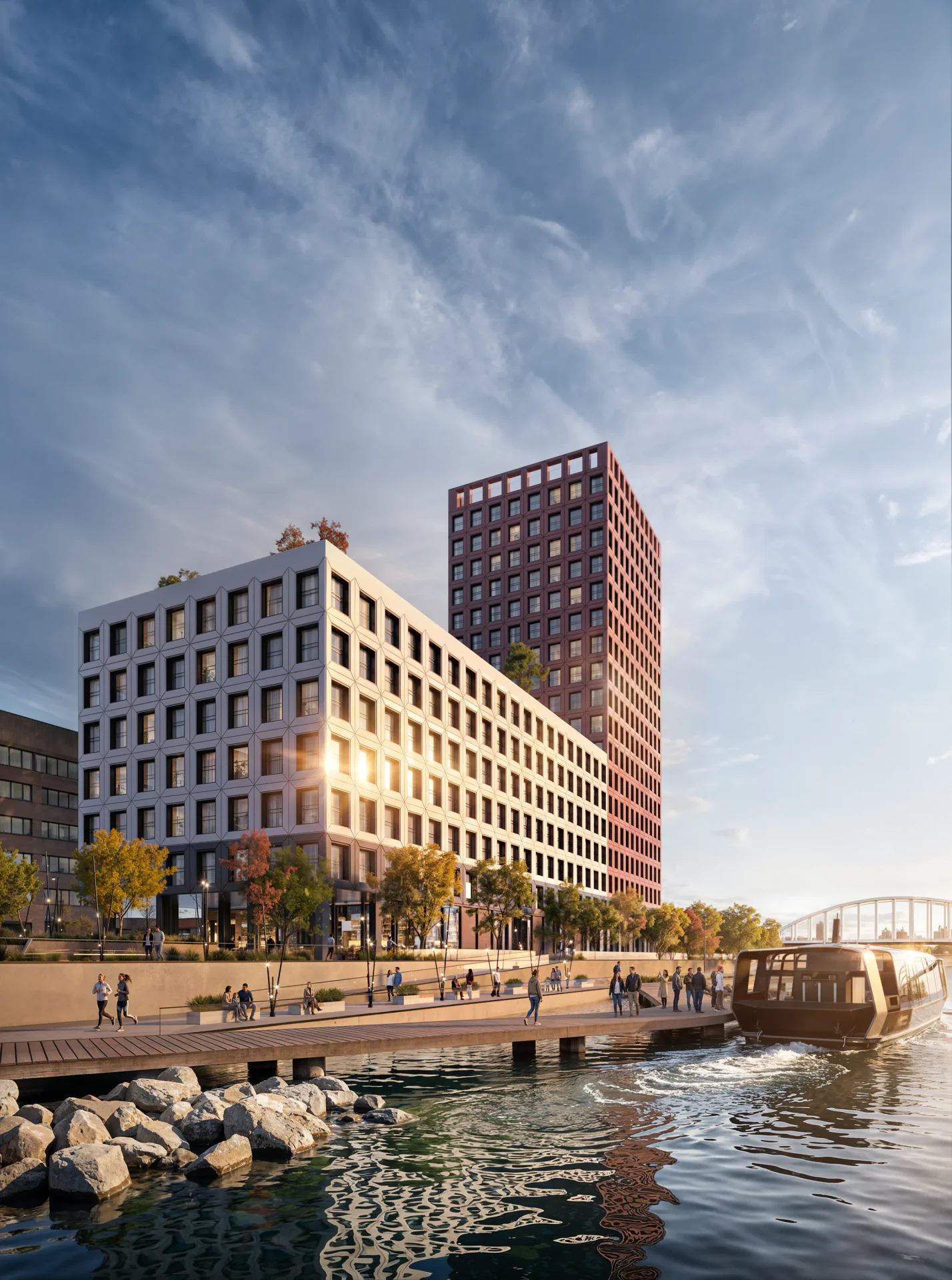 Waterfront view of a modern residential complex as seen from a wooden pier.